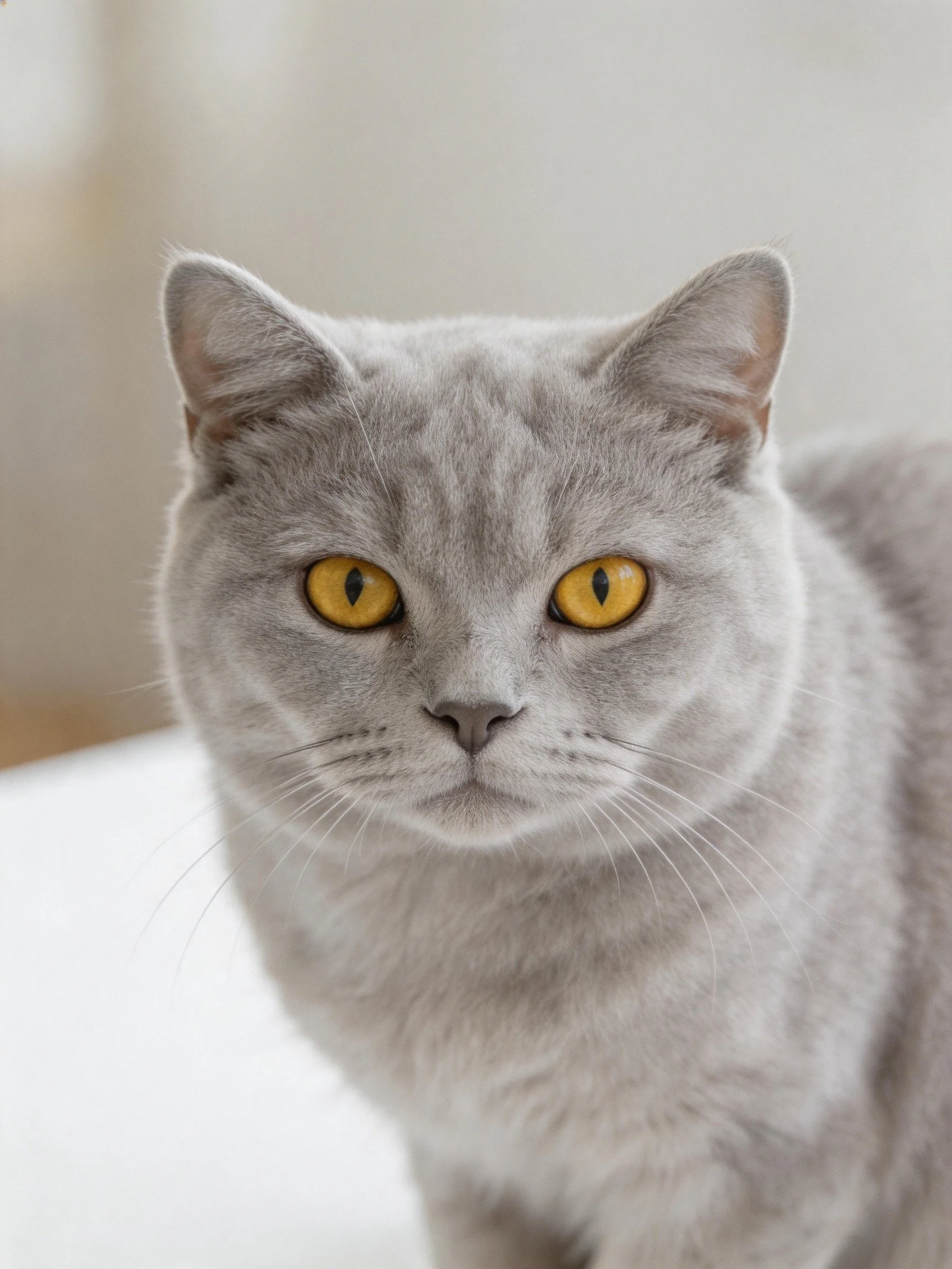 A gray cat with bright yellow eyes sits calmly amid a blurred backdrop.
