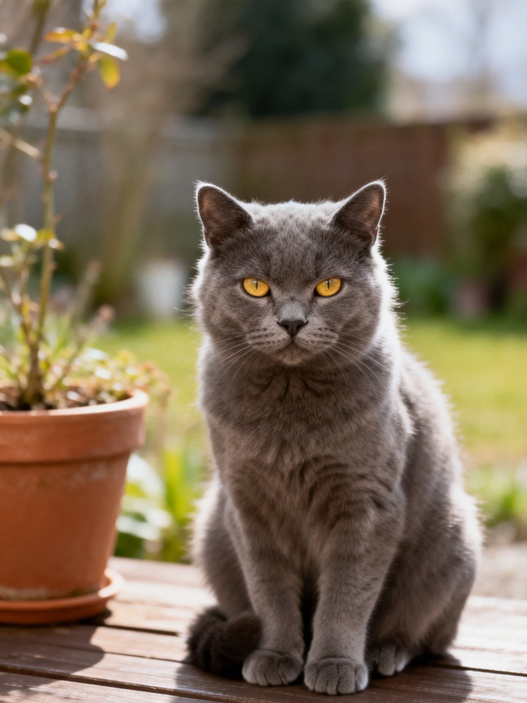 A gray cat with bright yellow eyes sits beside a terracotta planter in a sunlit outdoor area.
