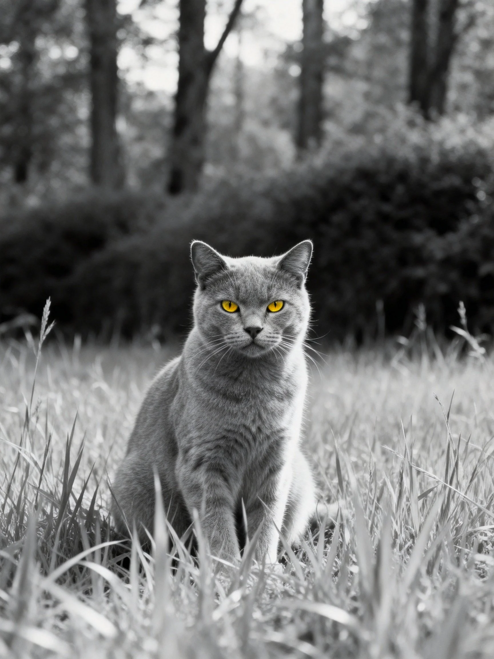 A gray cat with striking yellow eyes rests in a grassy area with trees in the background.