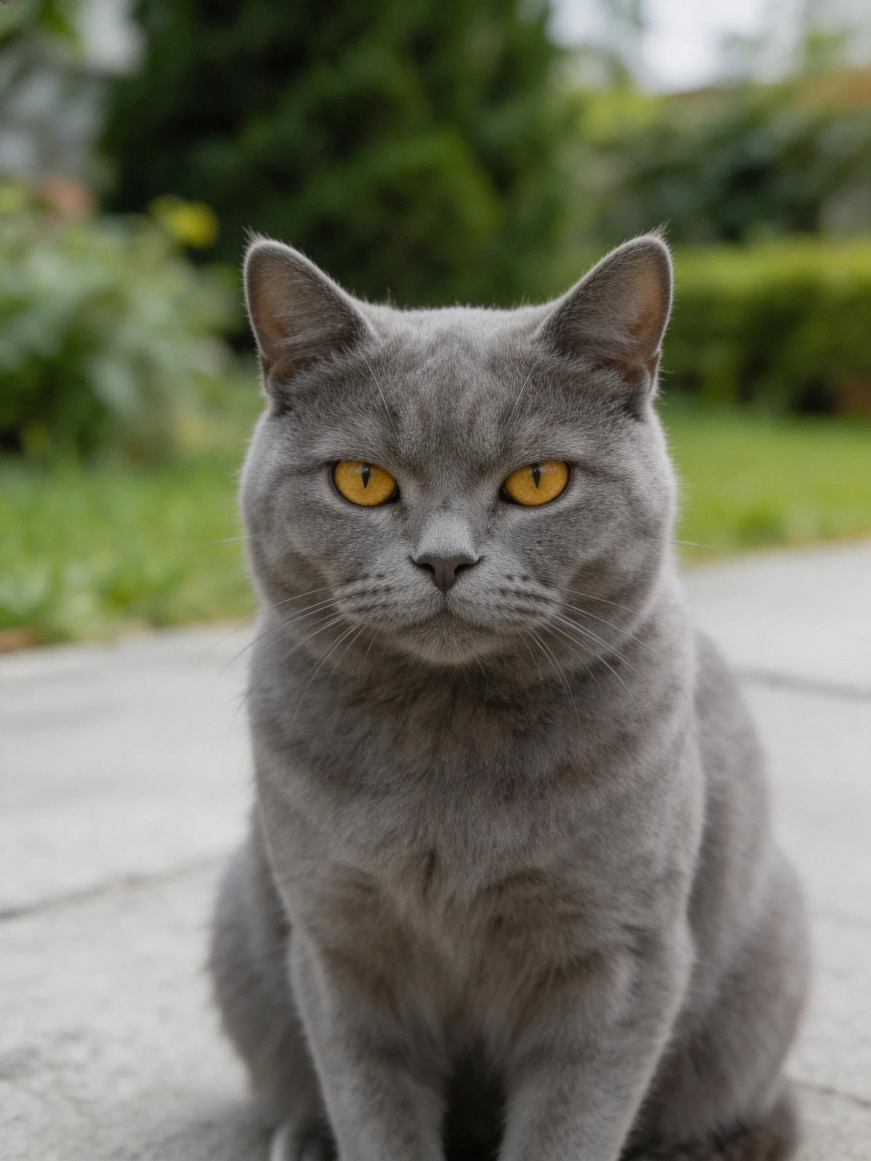 A gray cat with yellow eyes sits calmly on a paved area near greenery