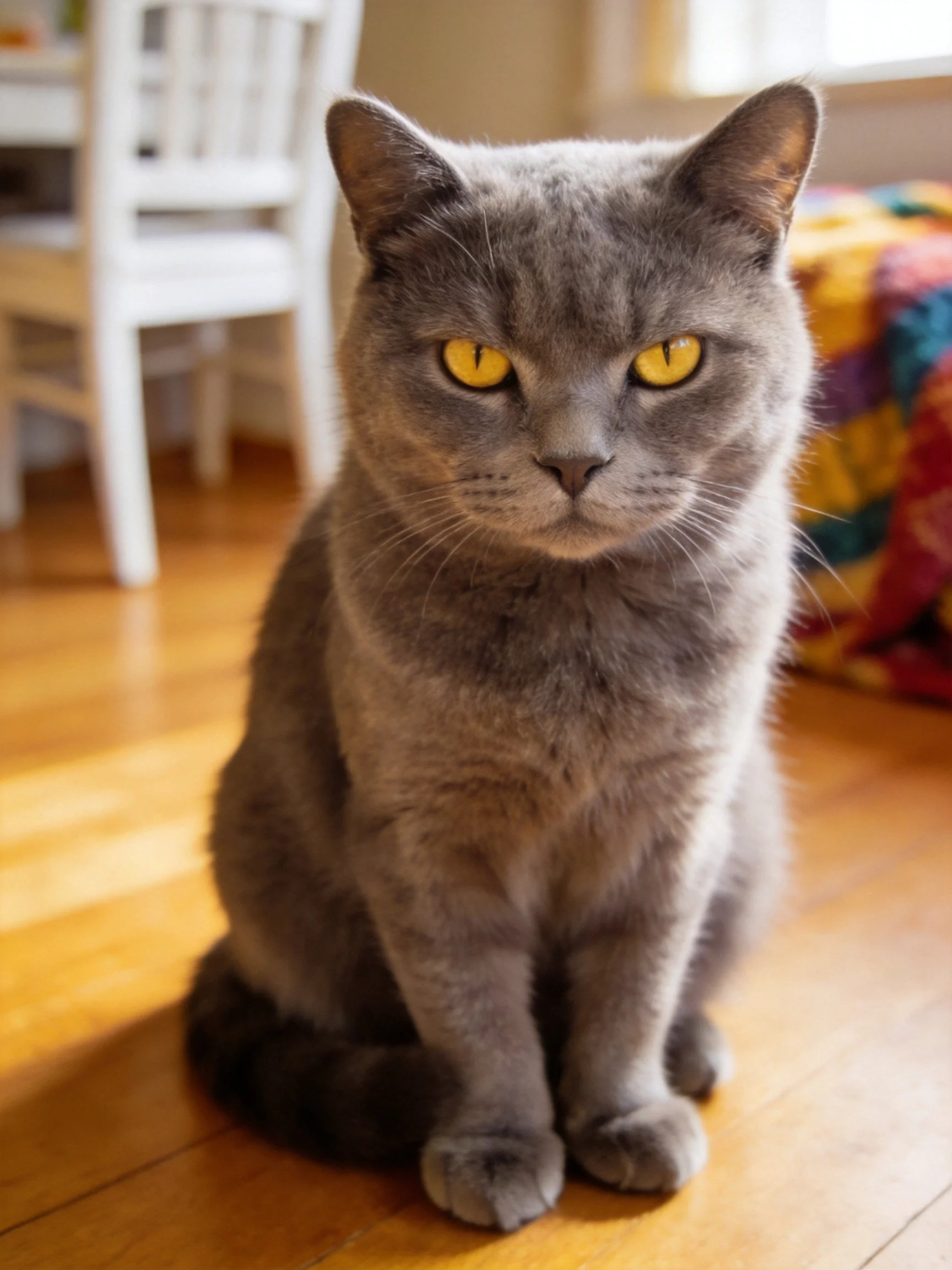 A gray cat with yellow eyes rests on a wooden floor in an indoor space.