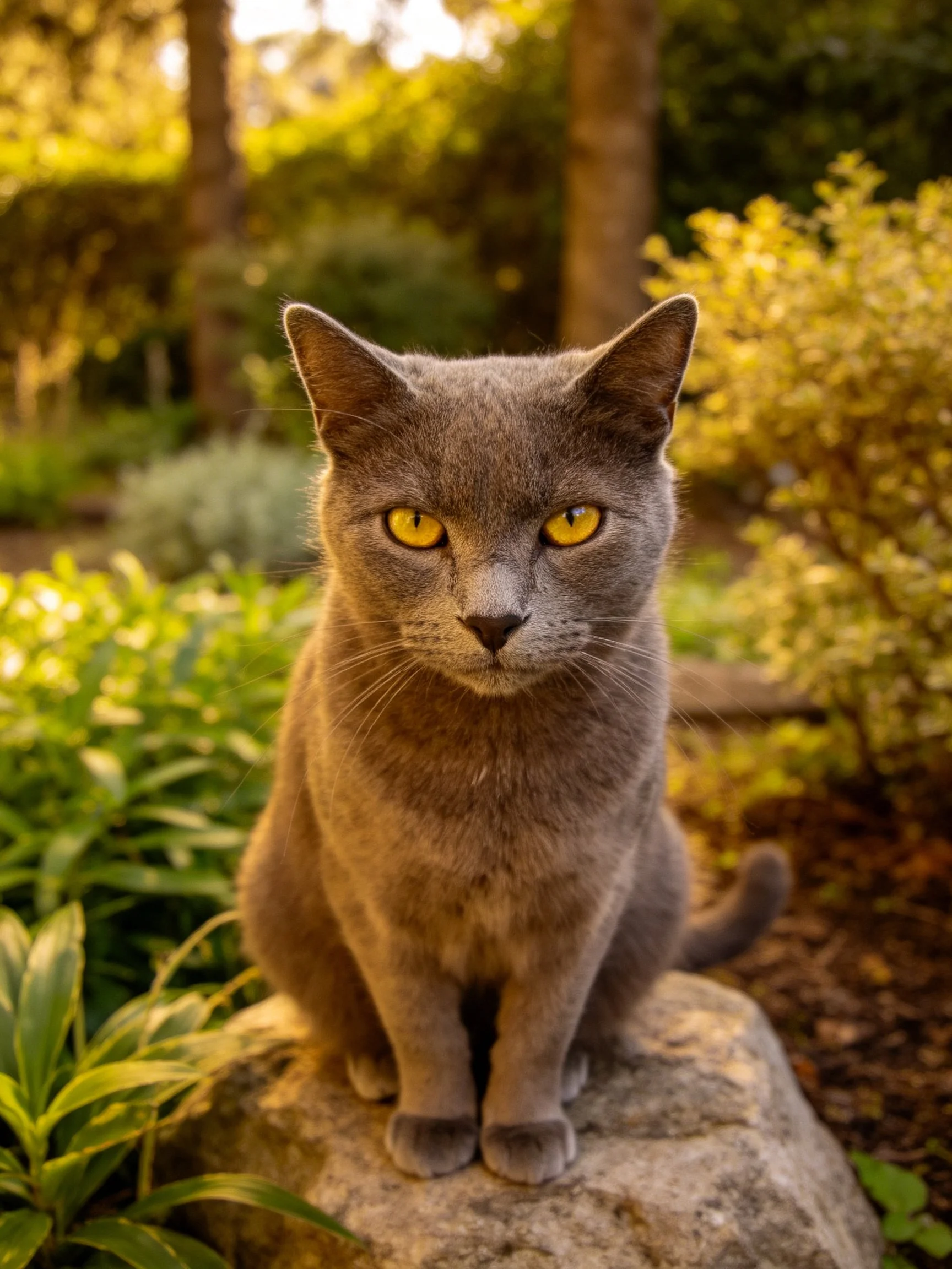 A gray cat with yellow eyes rests on a rock among greenery in a sunlit outdoor area.