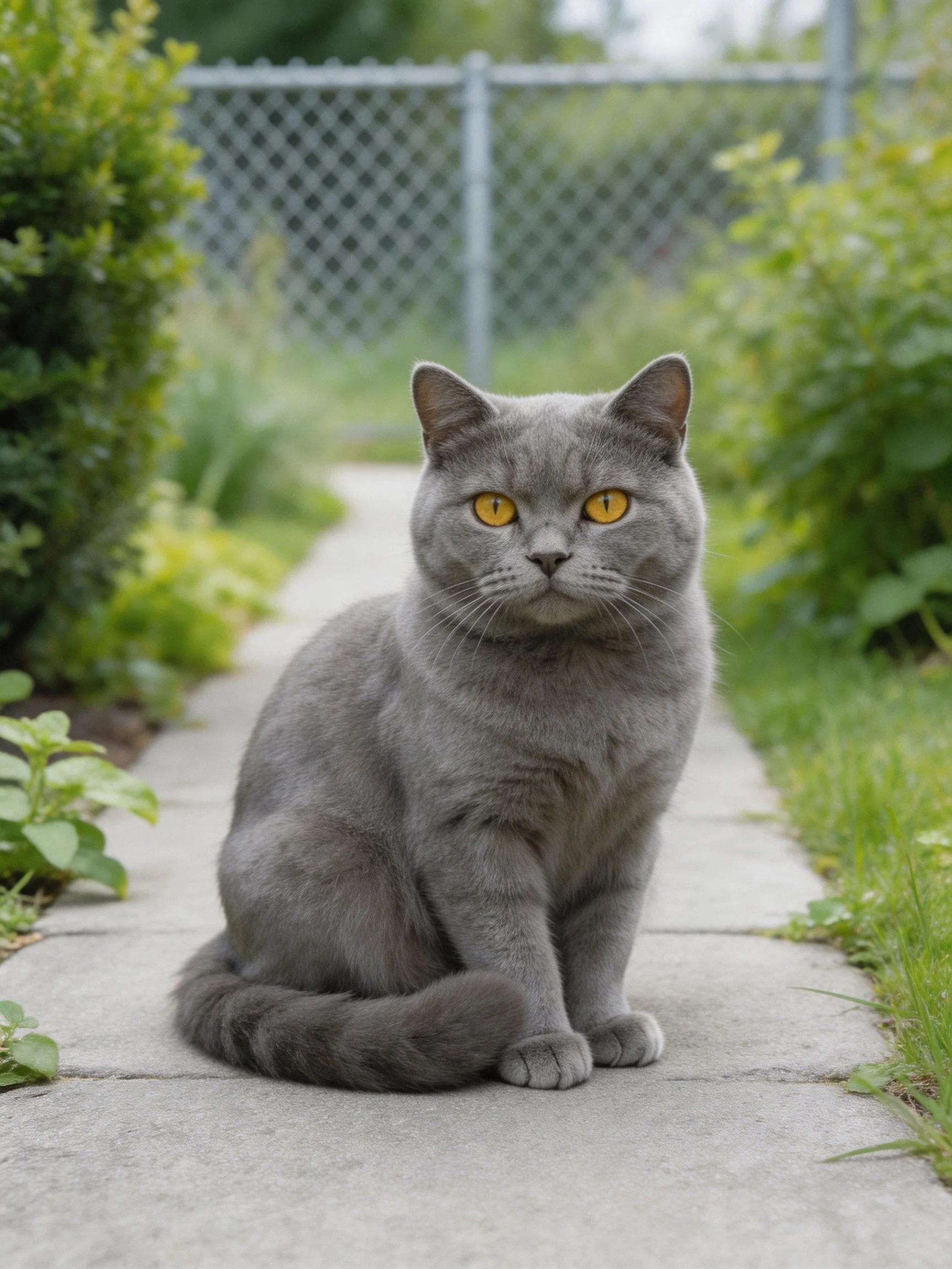A gray cat with yellow eyes sits on a stone path surrounded by greenery and a fence