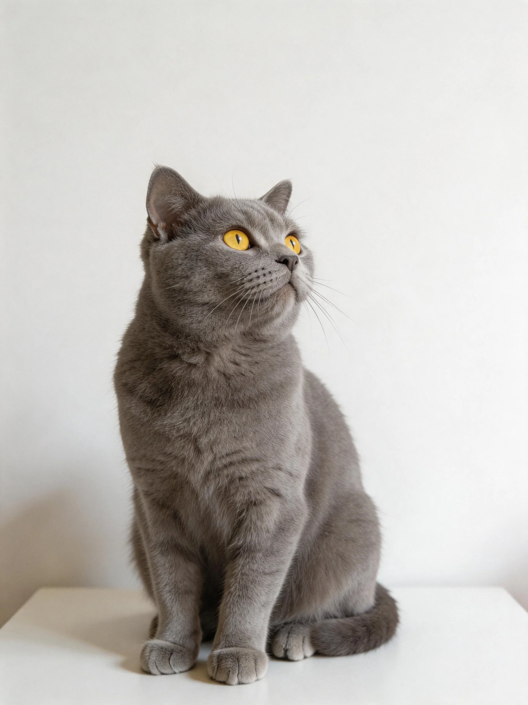 A gray cat with bright yellow eyes sits calmly on a white surface