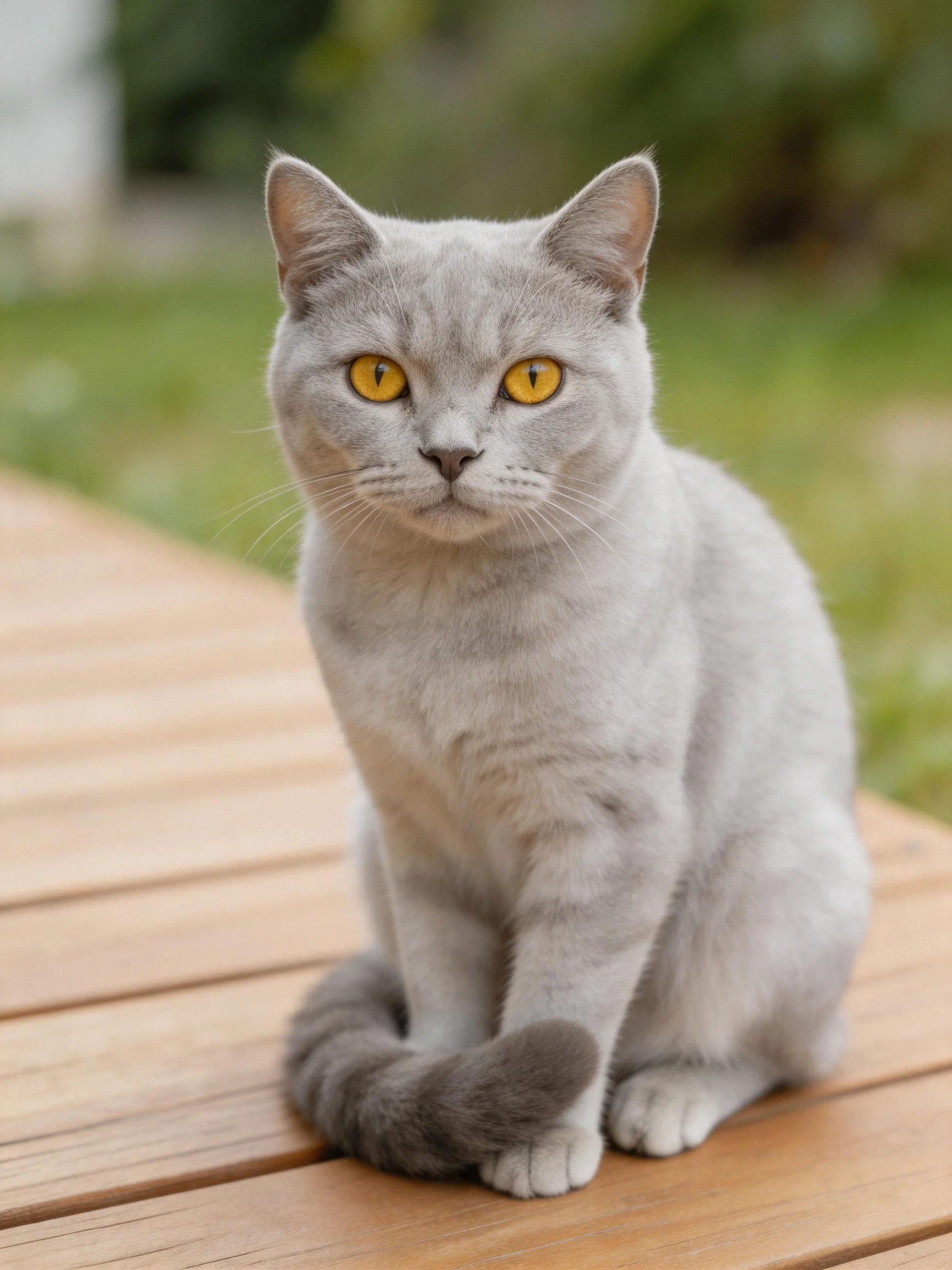 A gray cat with yellow eyes sits on a wooden deck in an outdoor setting