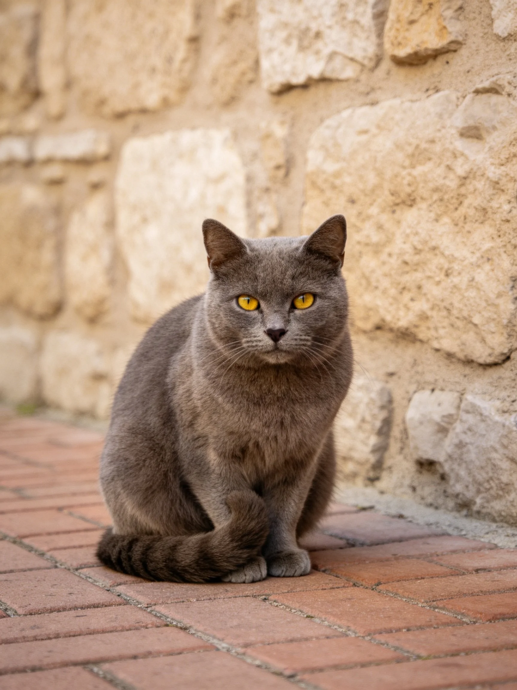 A gray cat with yellow eyes sits on brick pavement next to an aged stone wall.