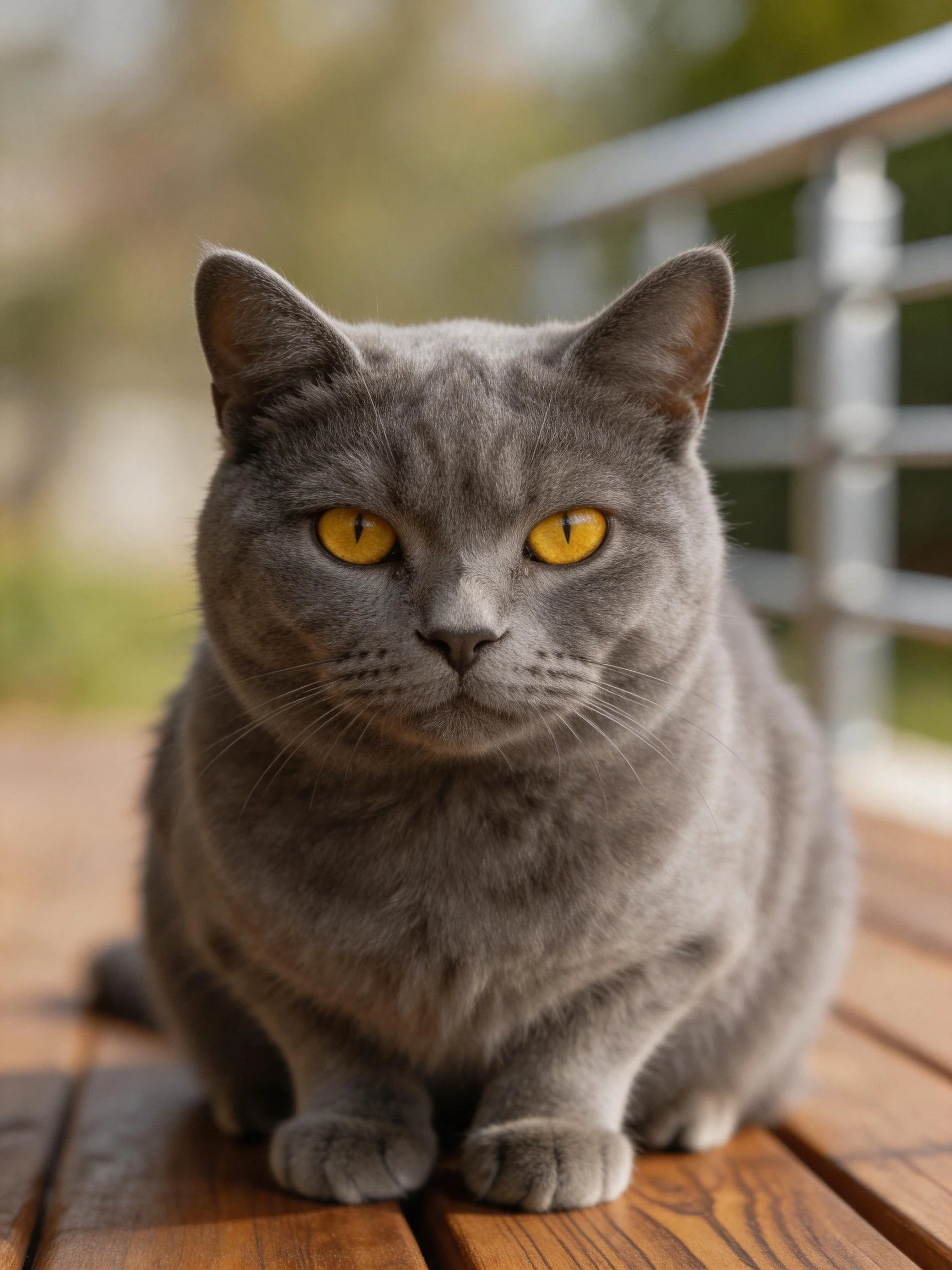A gray cat with yellow eyes rests on wooden planks in an outdoor area.