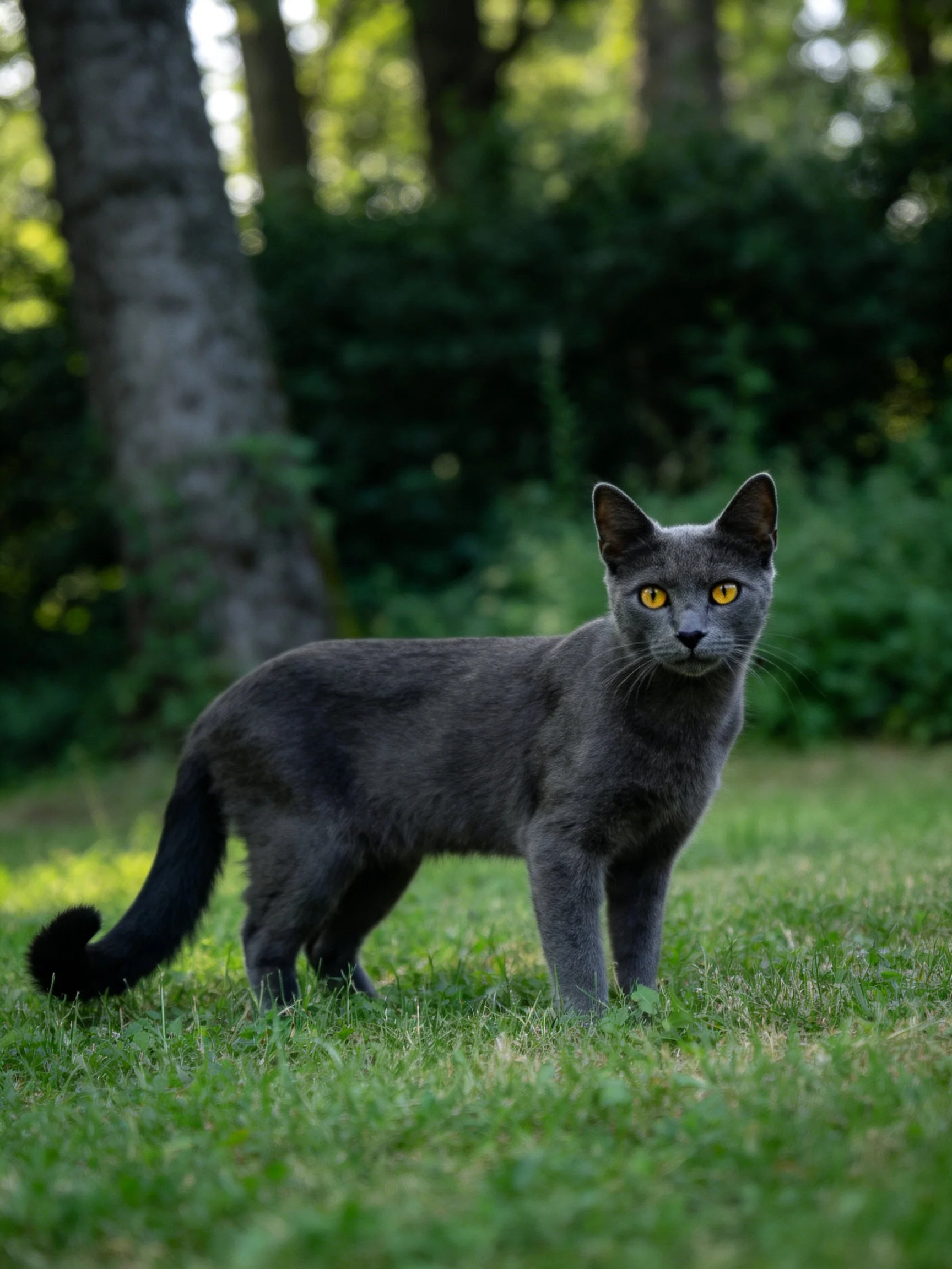A gray cat with yellow eyes stands alert on green grass in a wooded setting.