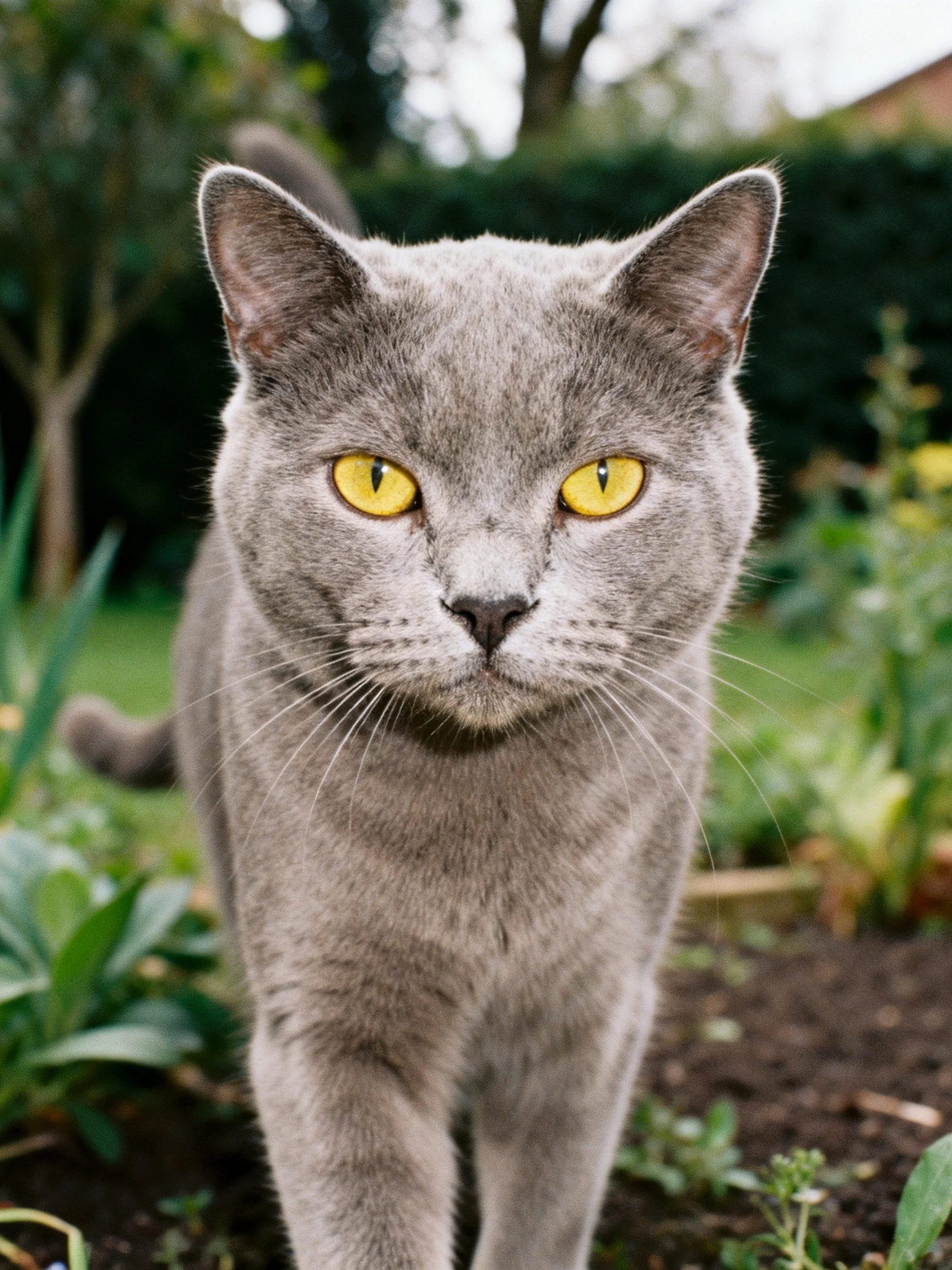 A gray cat with striking yellow eyes explores a verdant garden space.