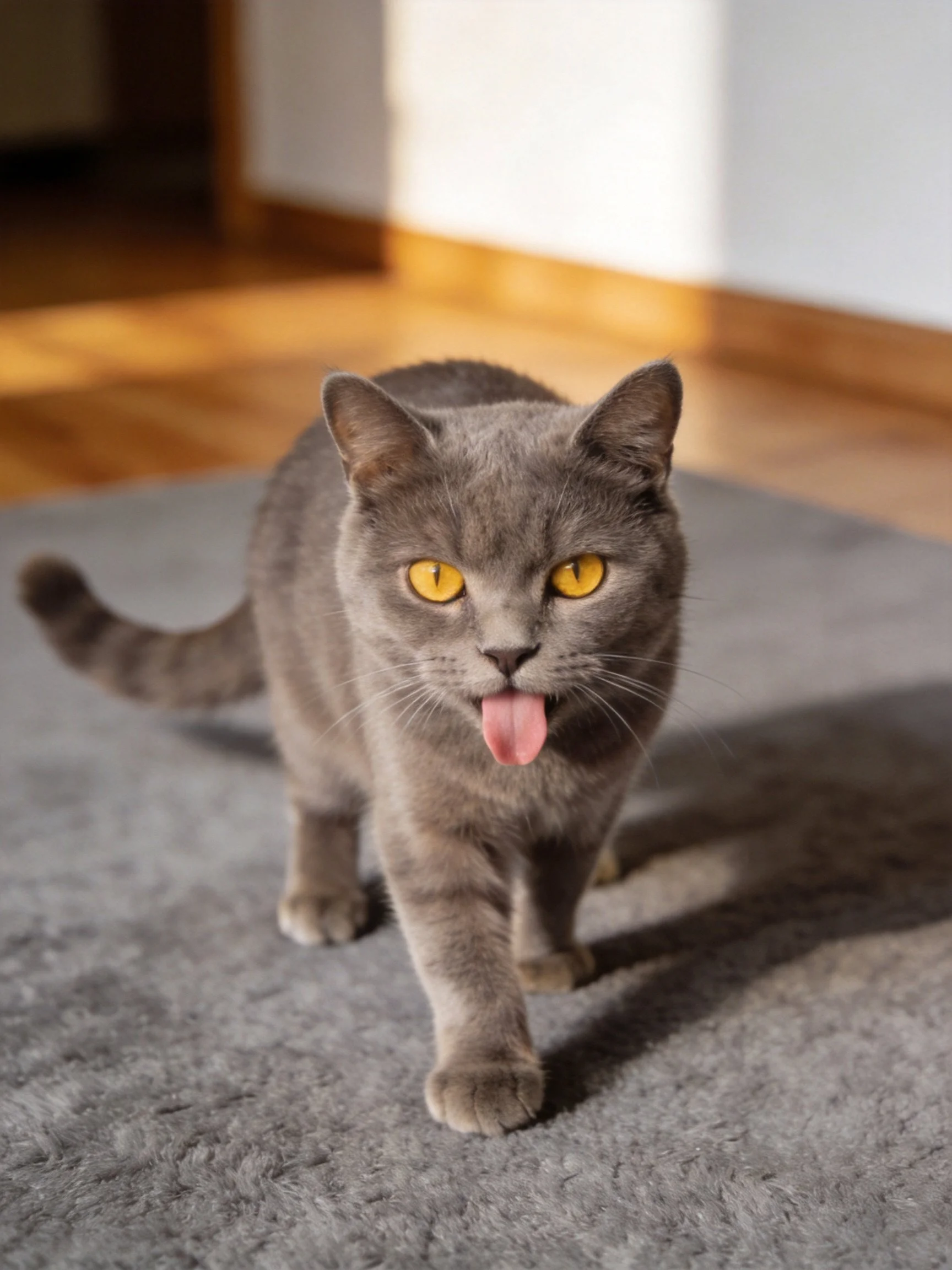 A gray cat with yellow eyes walks forward on a rug inside a home