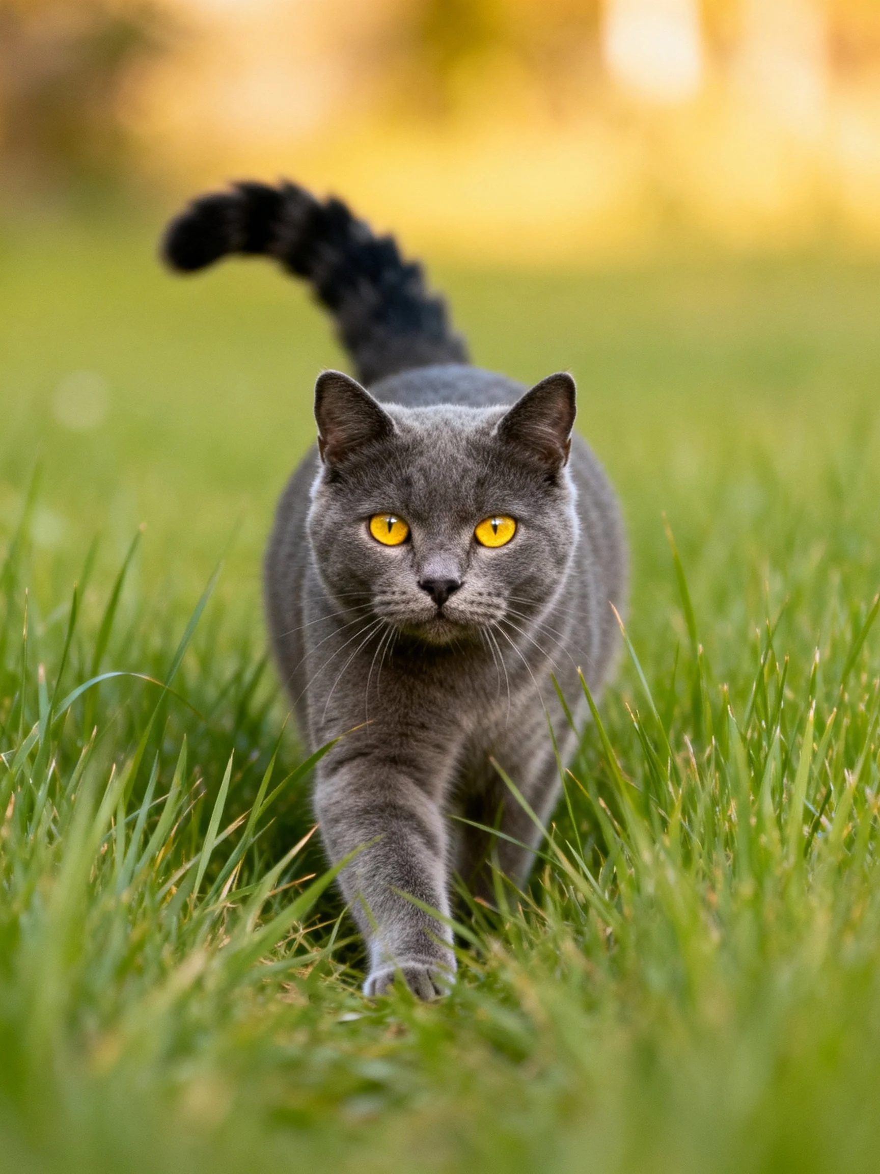 A gray cat with yellow eyes moves through tall grass in a sunlit setting