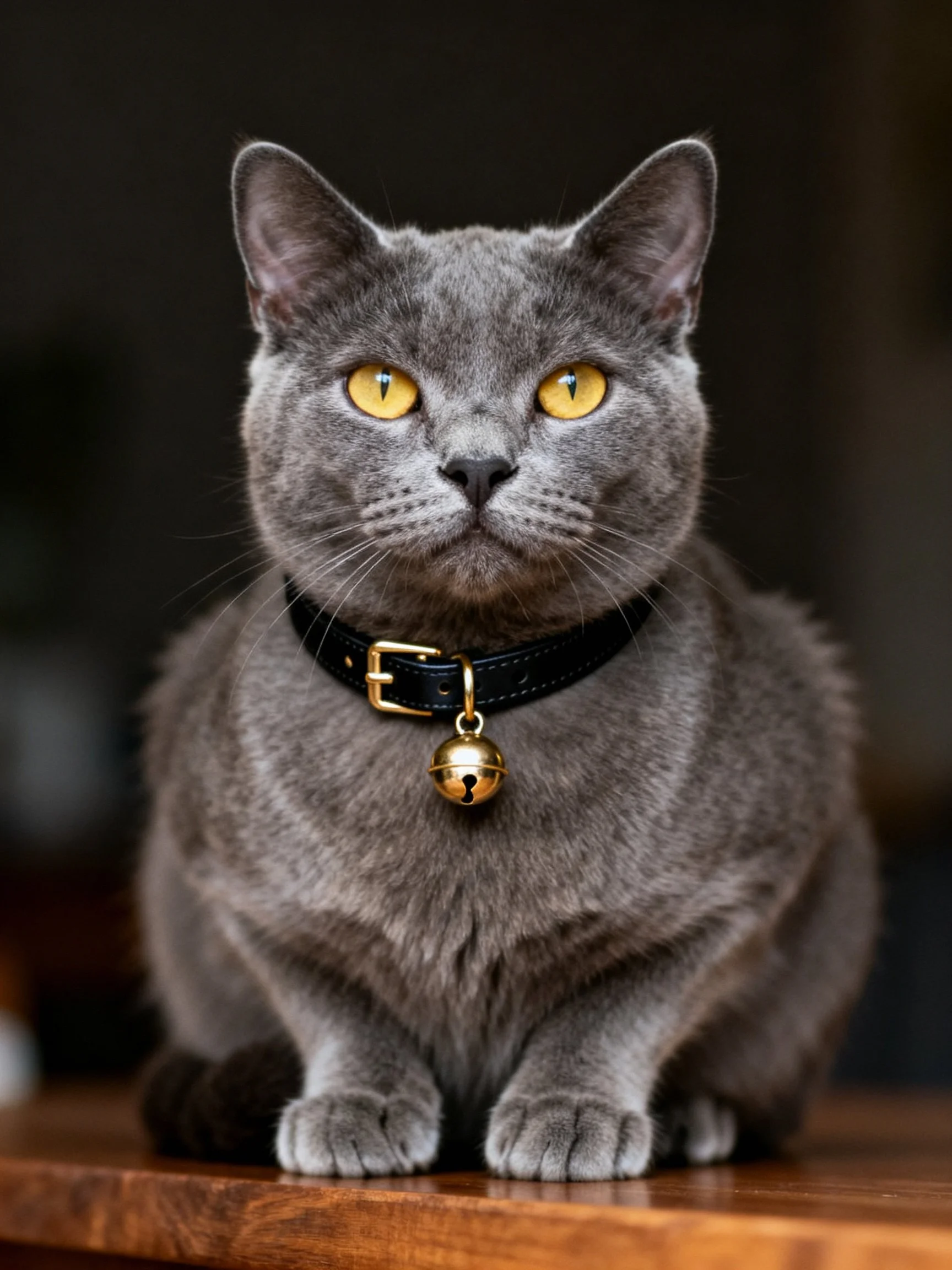 A gray cat with a black collar and gold bell sits on a wooden surface