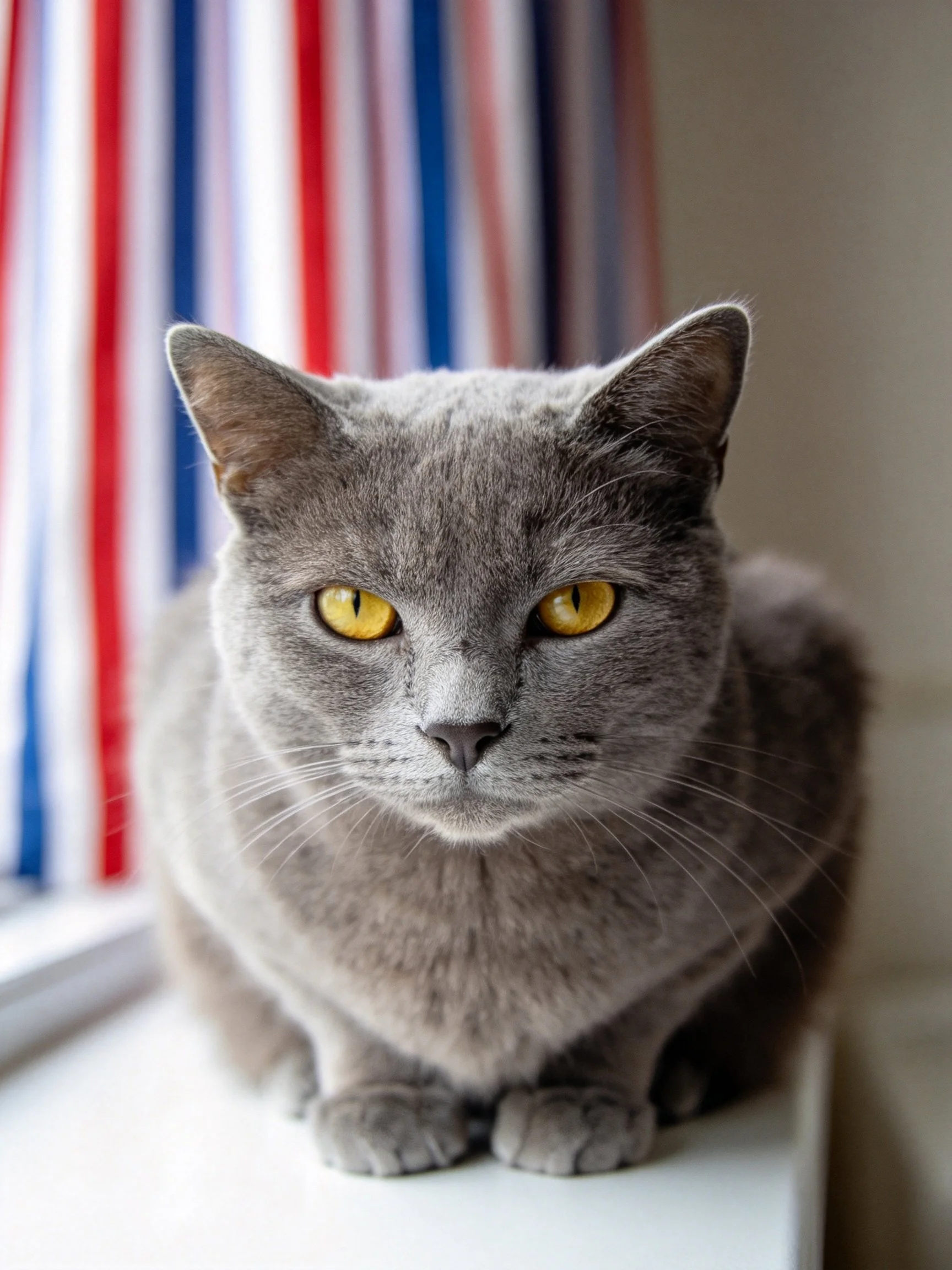 A gray cat with bright yellow eyes rests near vibrant vertical curtains.