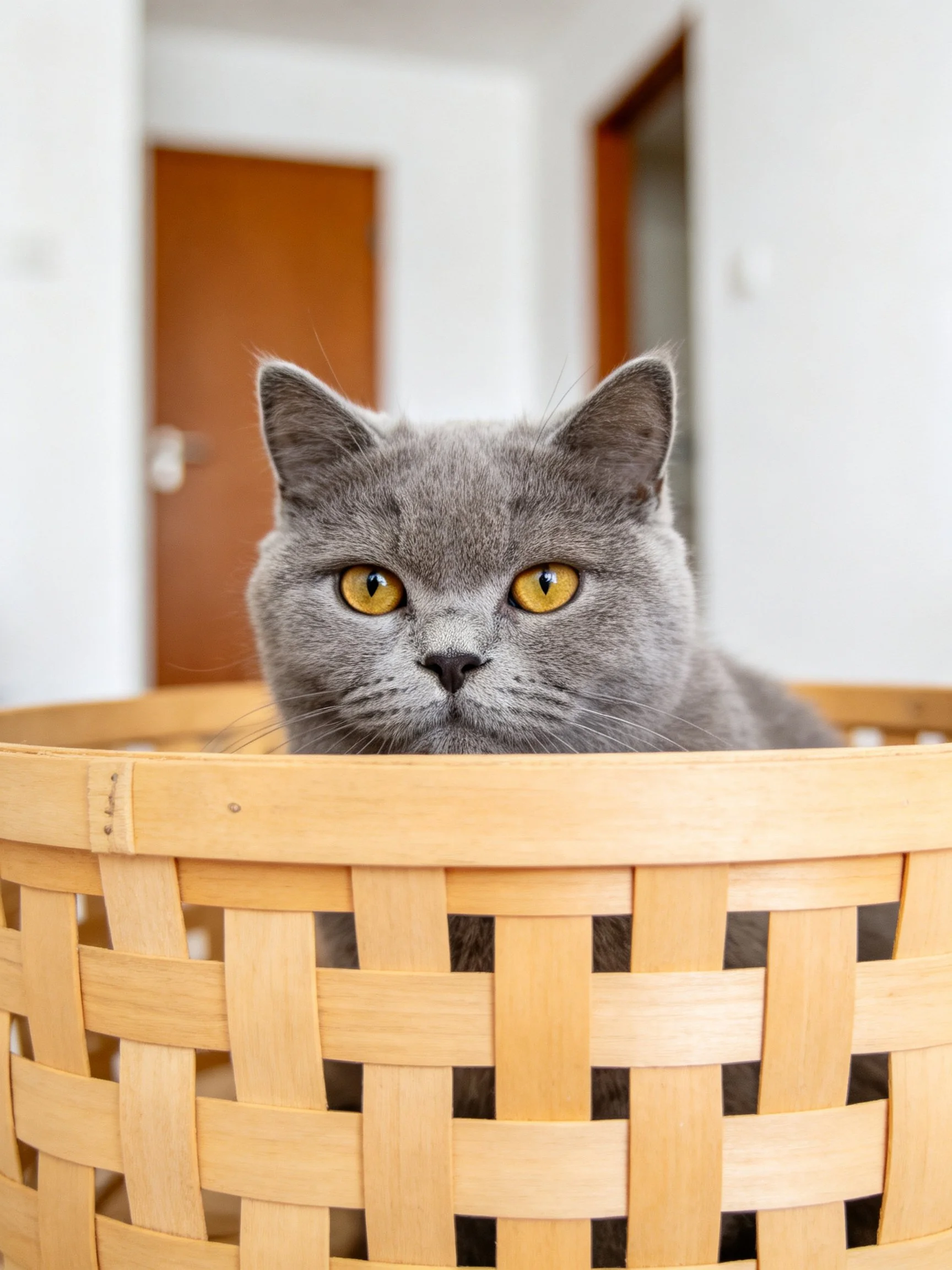 A gray cat with golden eyes in a woven wooden basket