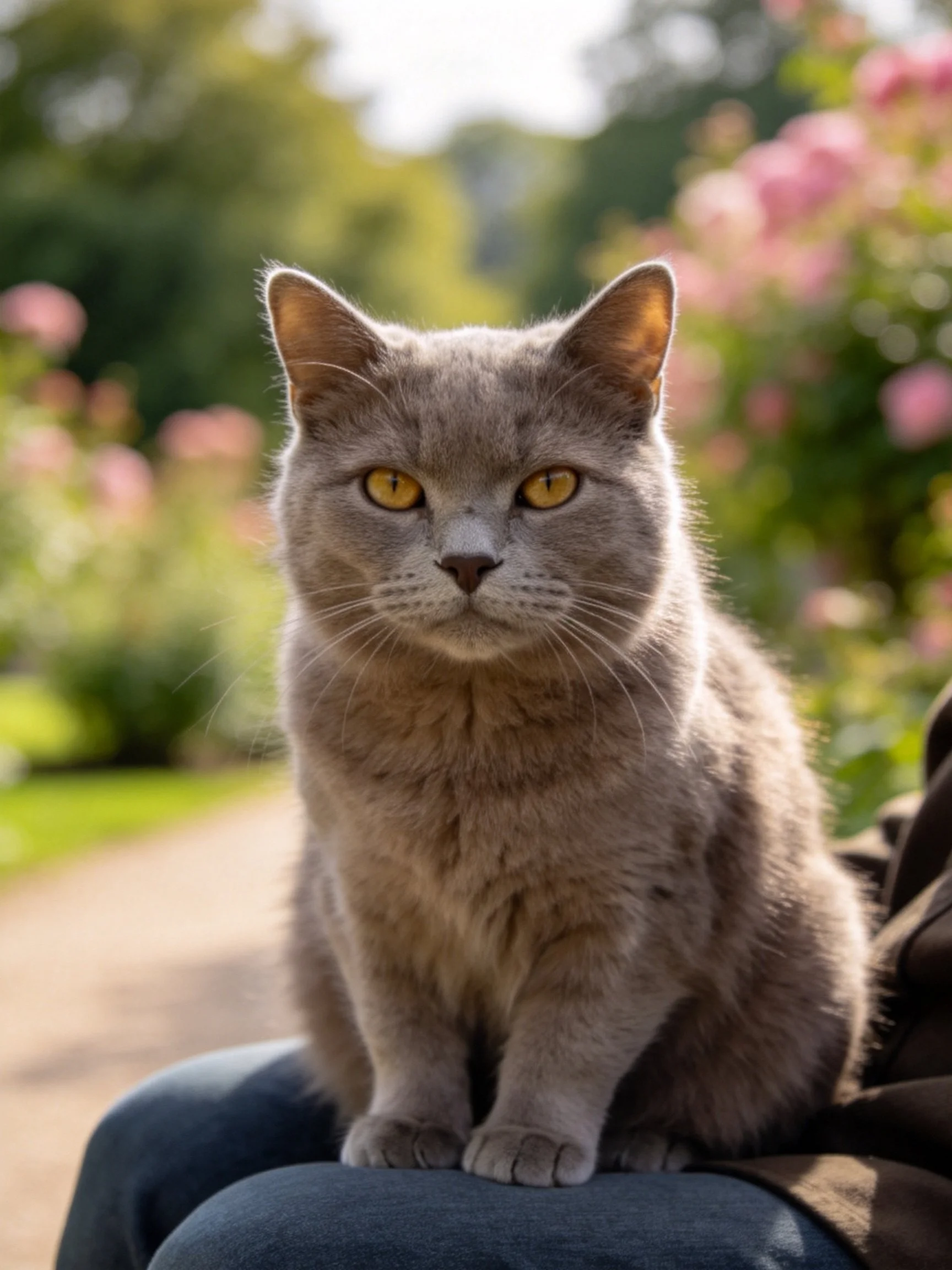 A gray cat with golden eyes rests on someones lap in a flower-filled garden
