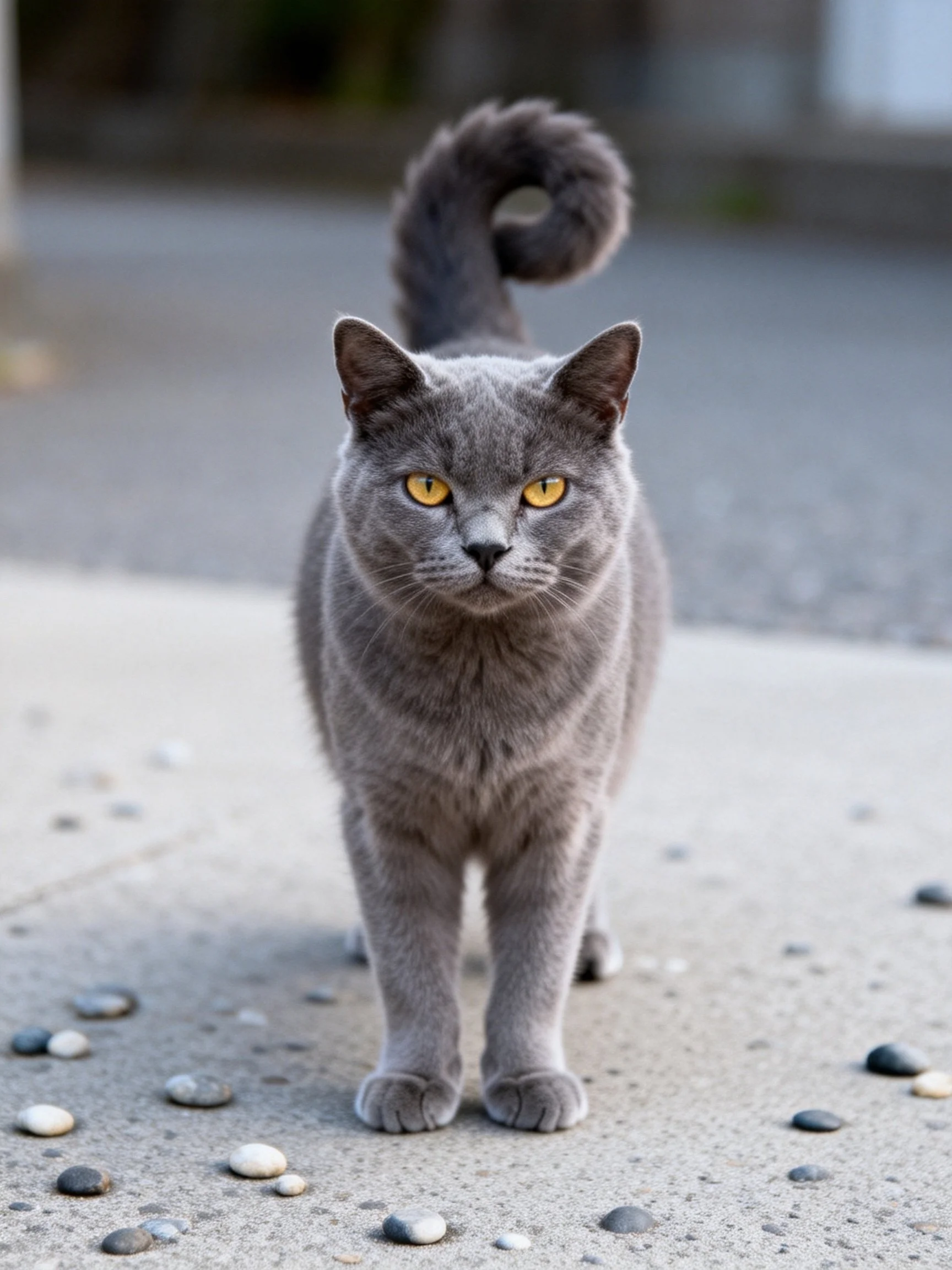 A gray cat with golden eyes stands on a pebble - covered pavement.