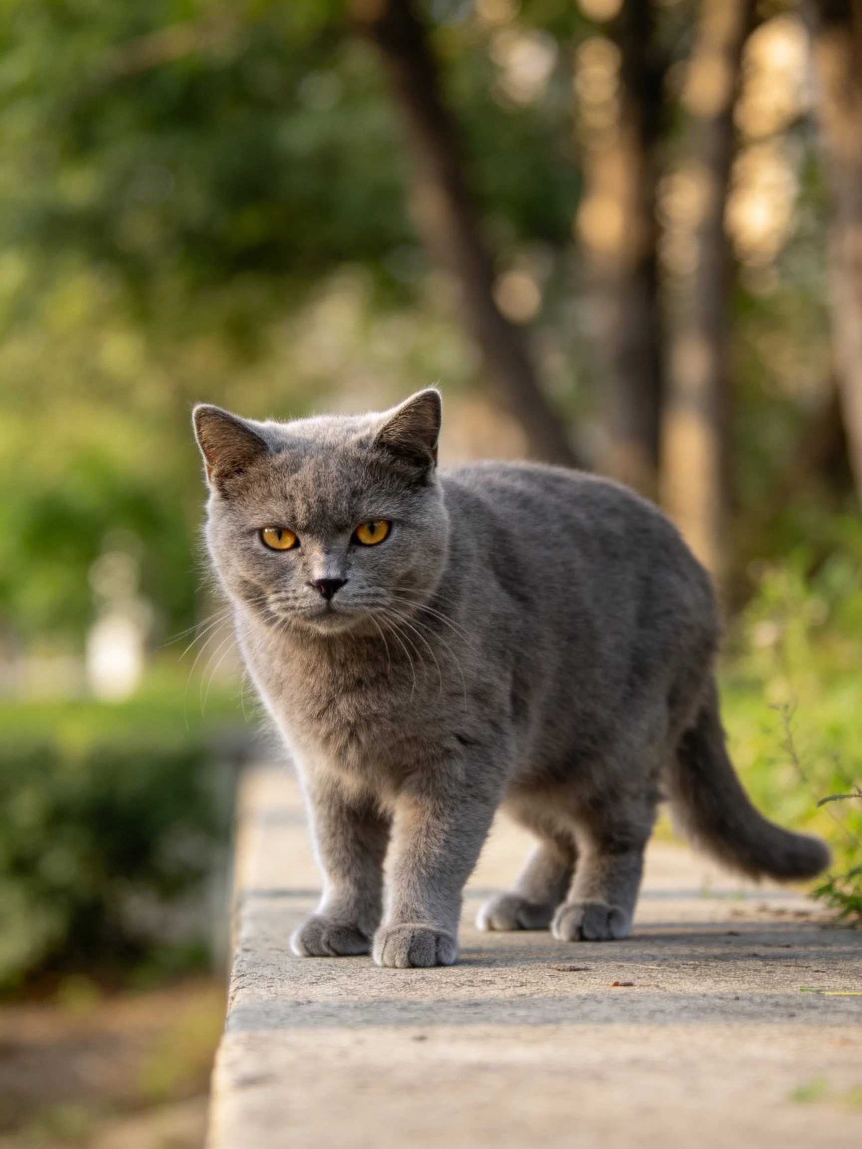 A gray cat with golden eyes walks along a stone ledge in a sunlit outdoor area.