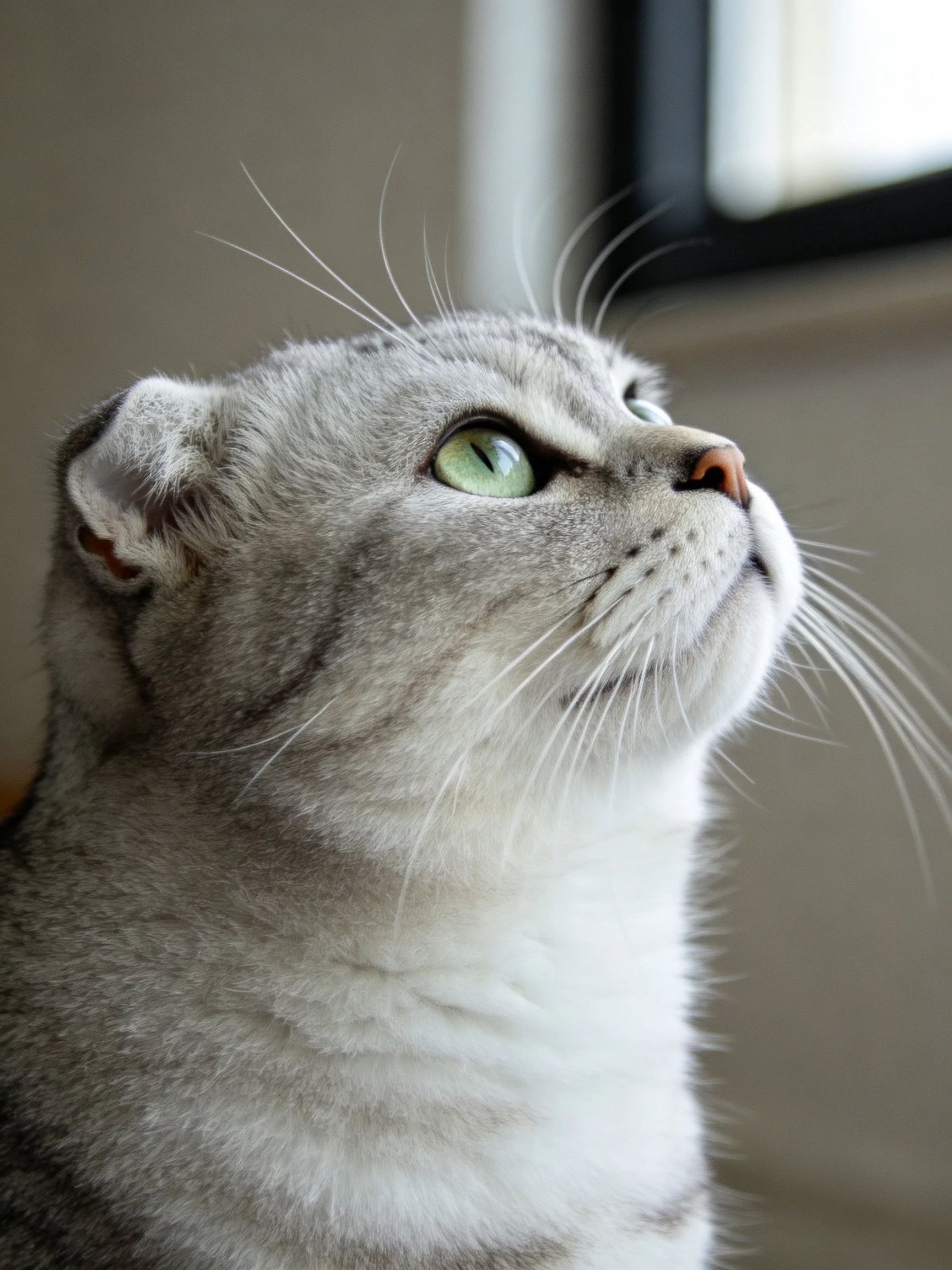 A gray cat with green eyes gazing upward near a window