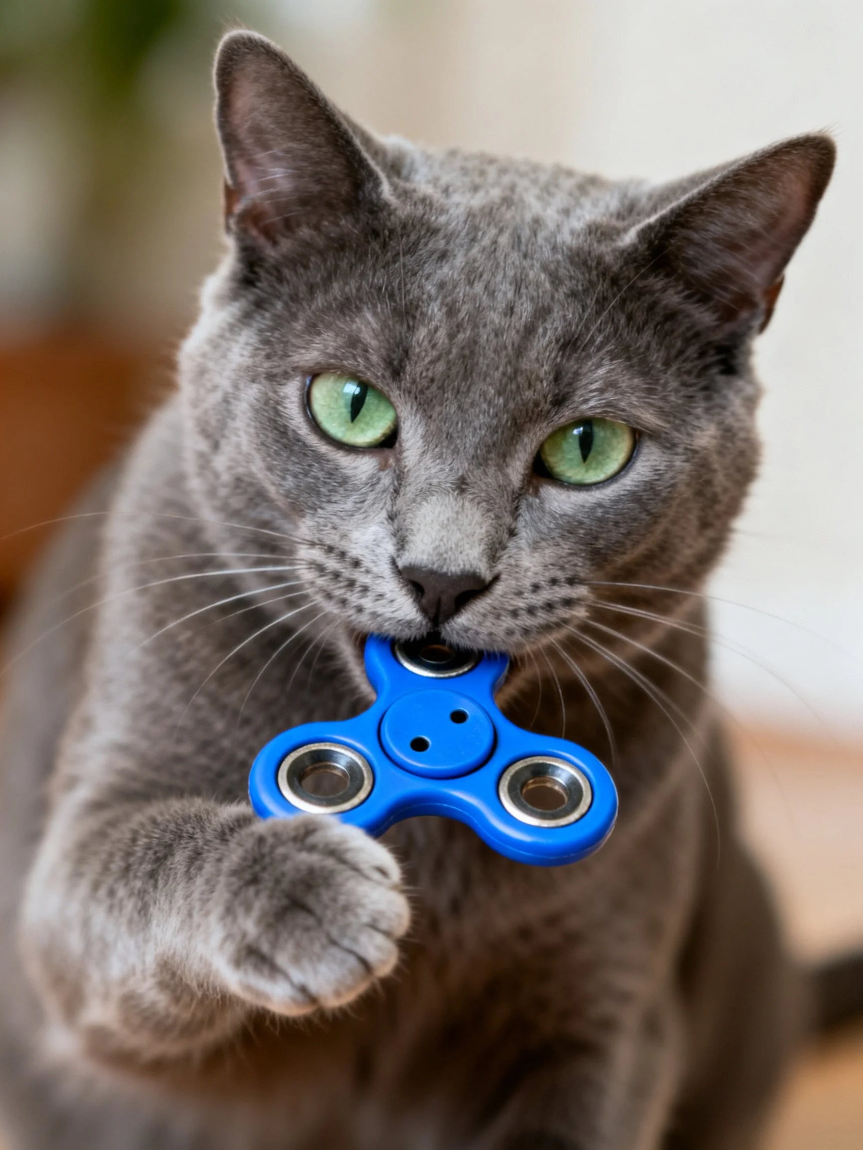 A gray cat holds a blue fidget spinner in its mouth