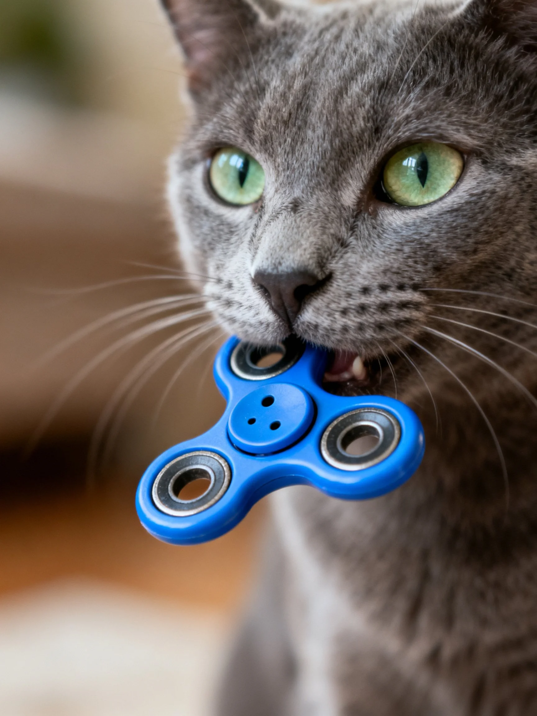 A gray cat with green eyes holds a blue fidget spinner in its mouth.