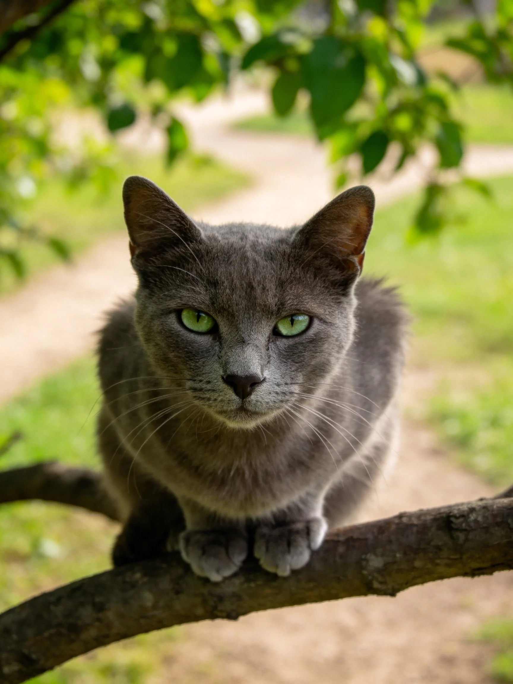 A gray cat with green eyes perched on a tree branch