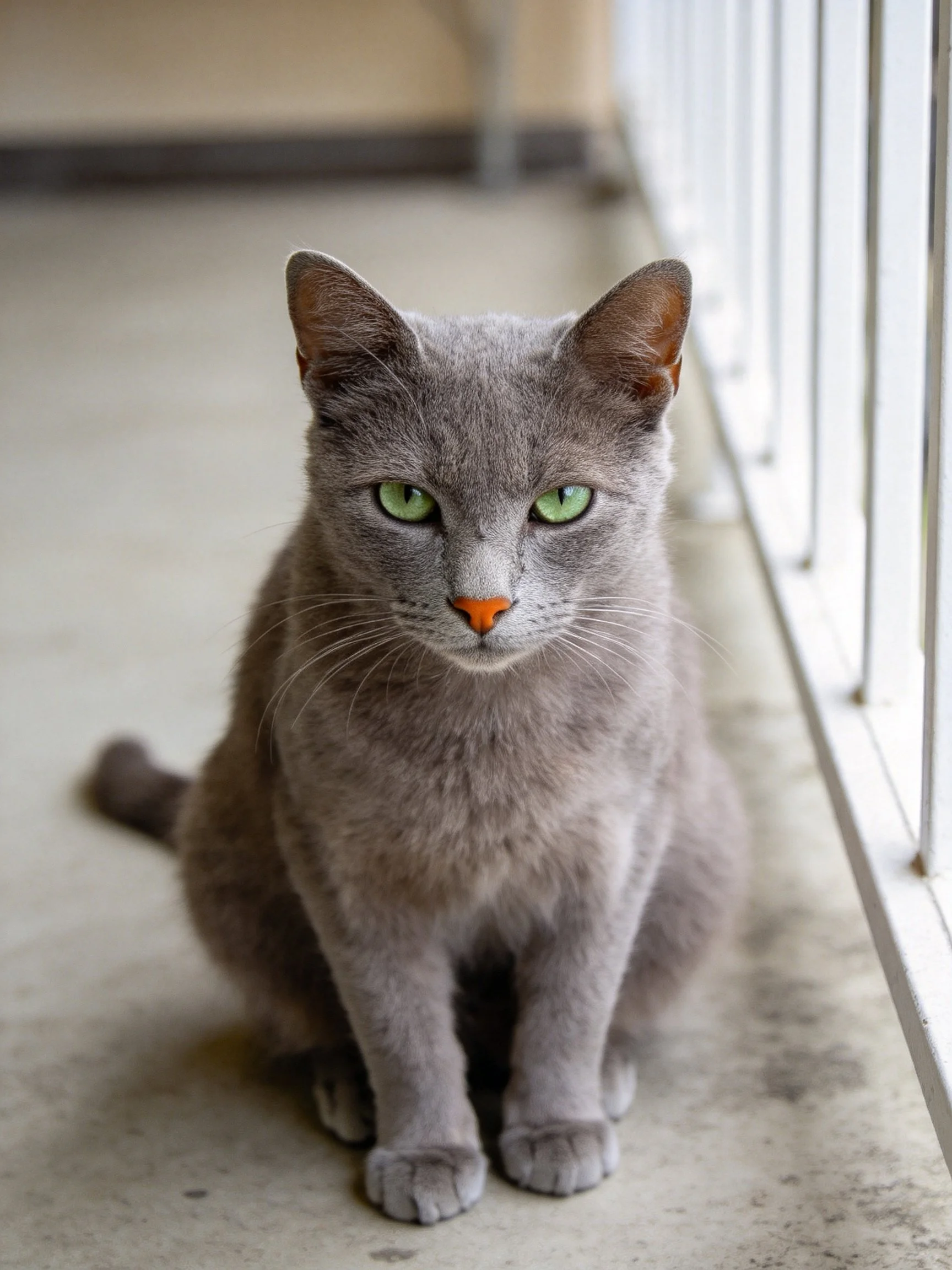 A gray cat with green eyes sits calmly next to a metal railing.