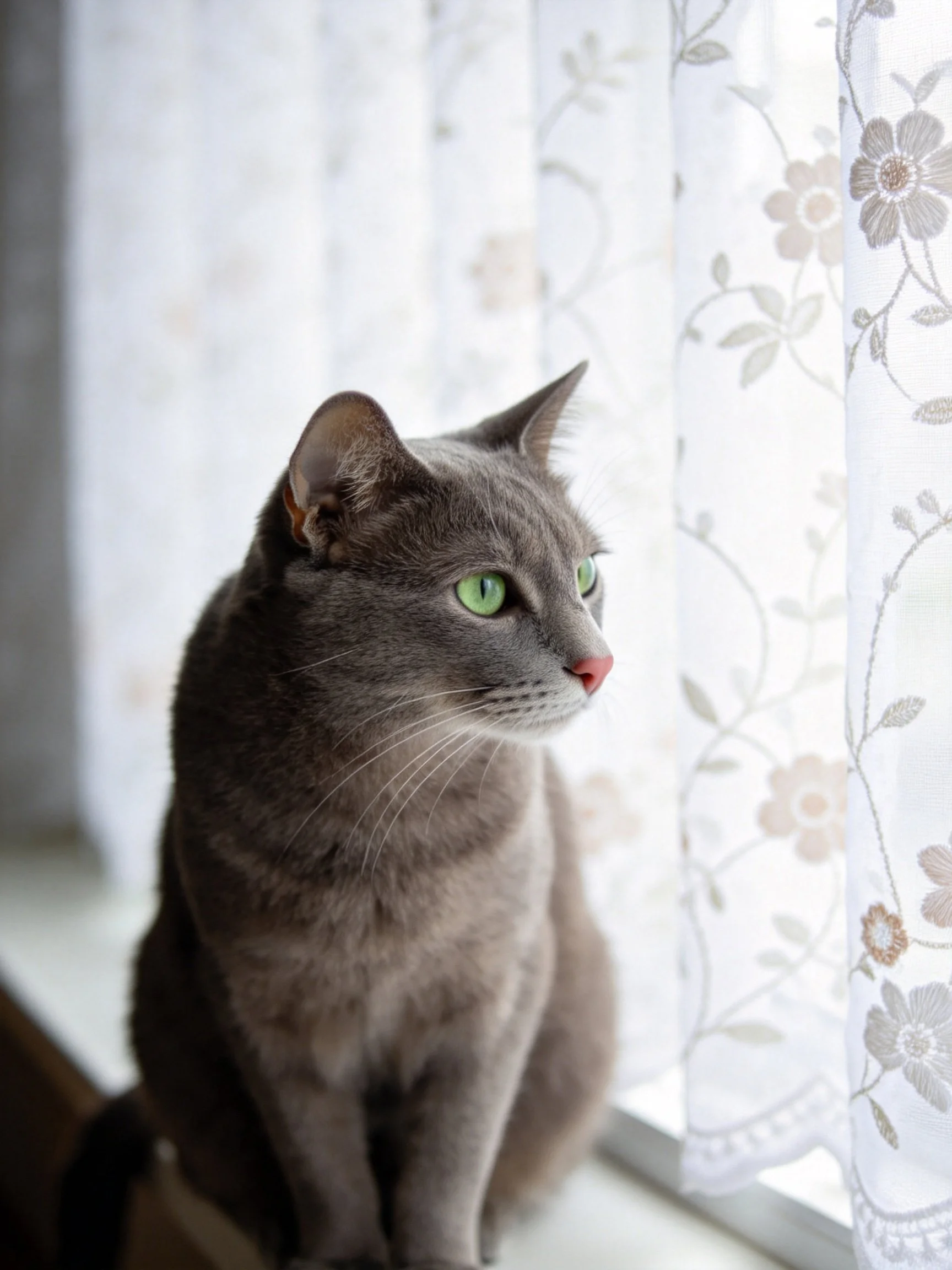 A gray cat with green eyes sits near a window adorned with floral curtains.
