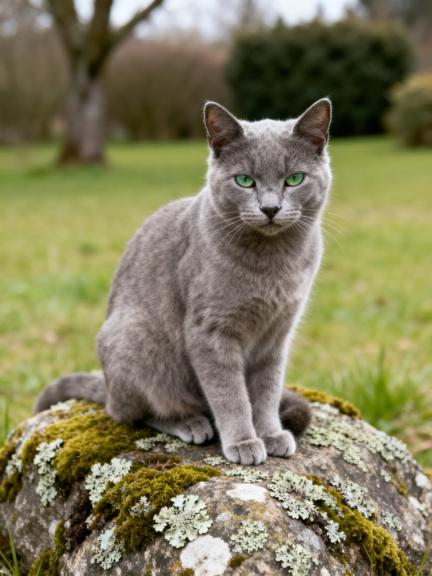 A gray cat with green eyes rests on a mossy stone in a peaceful outdoor setting.
