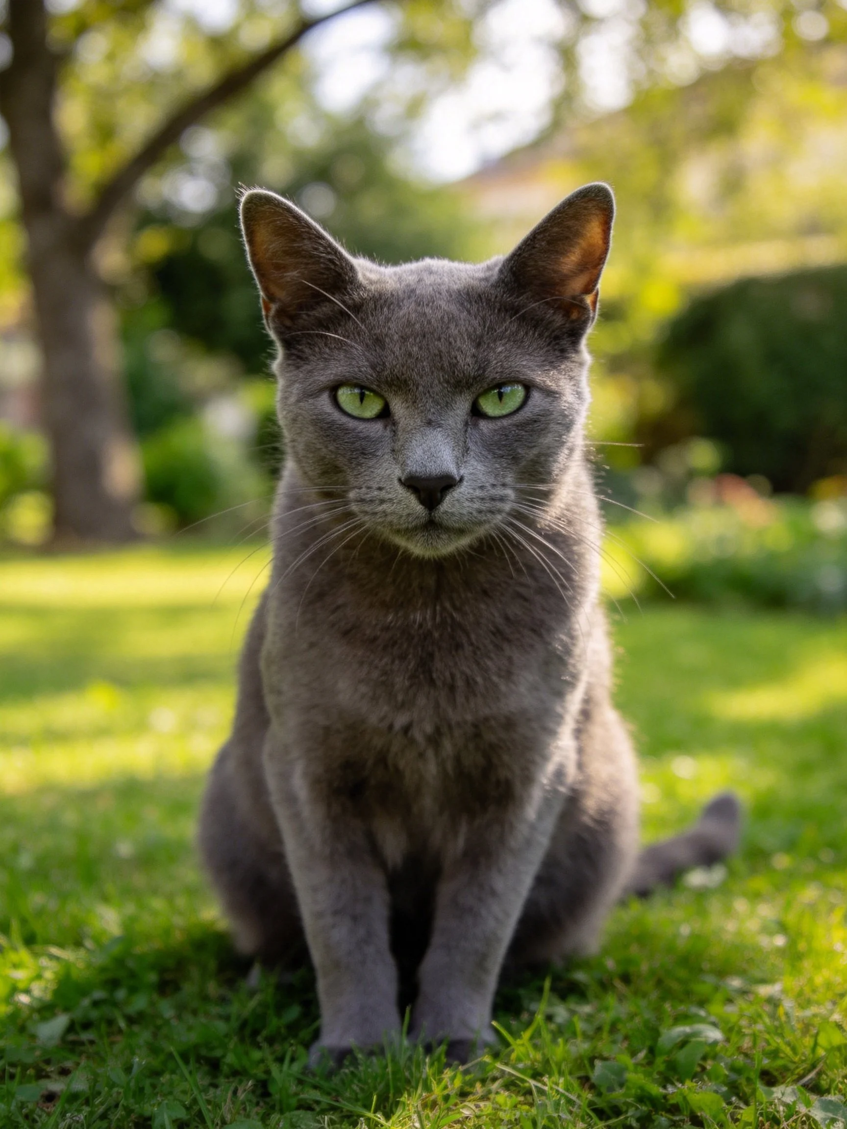 A gray cat with green eyes sits calmly on grass in a sunlit outdoor setting.