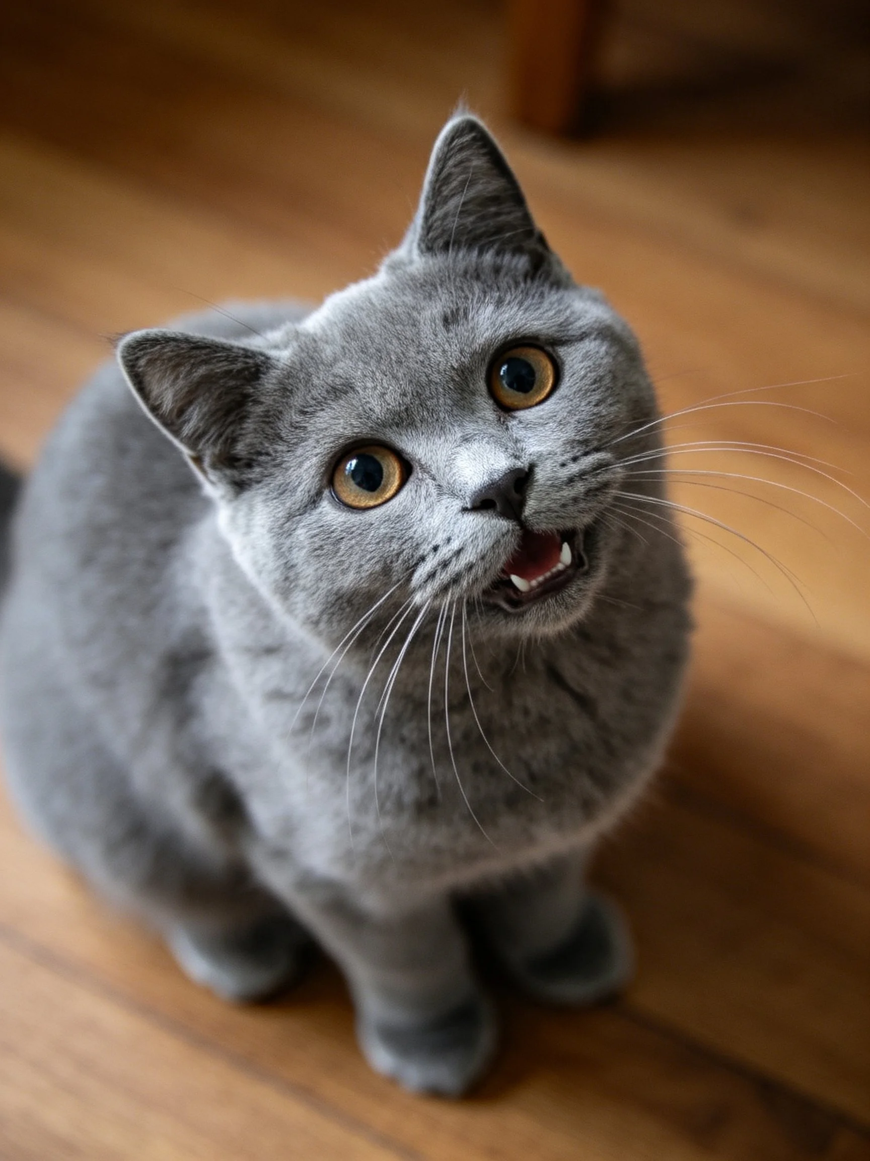 A gray cat with large amber eyes on wooden flooring