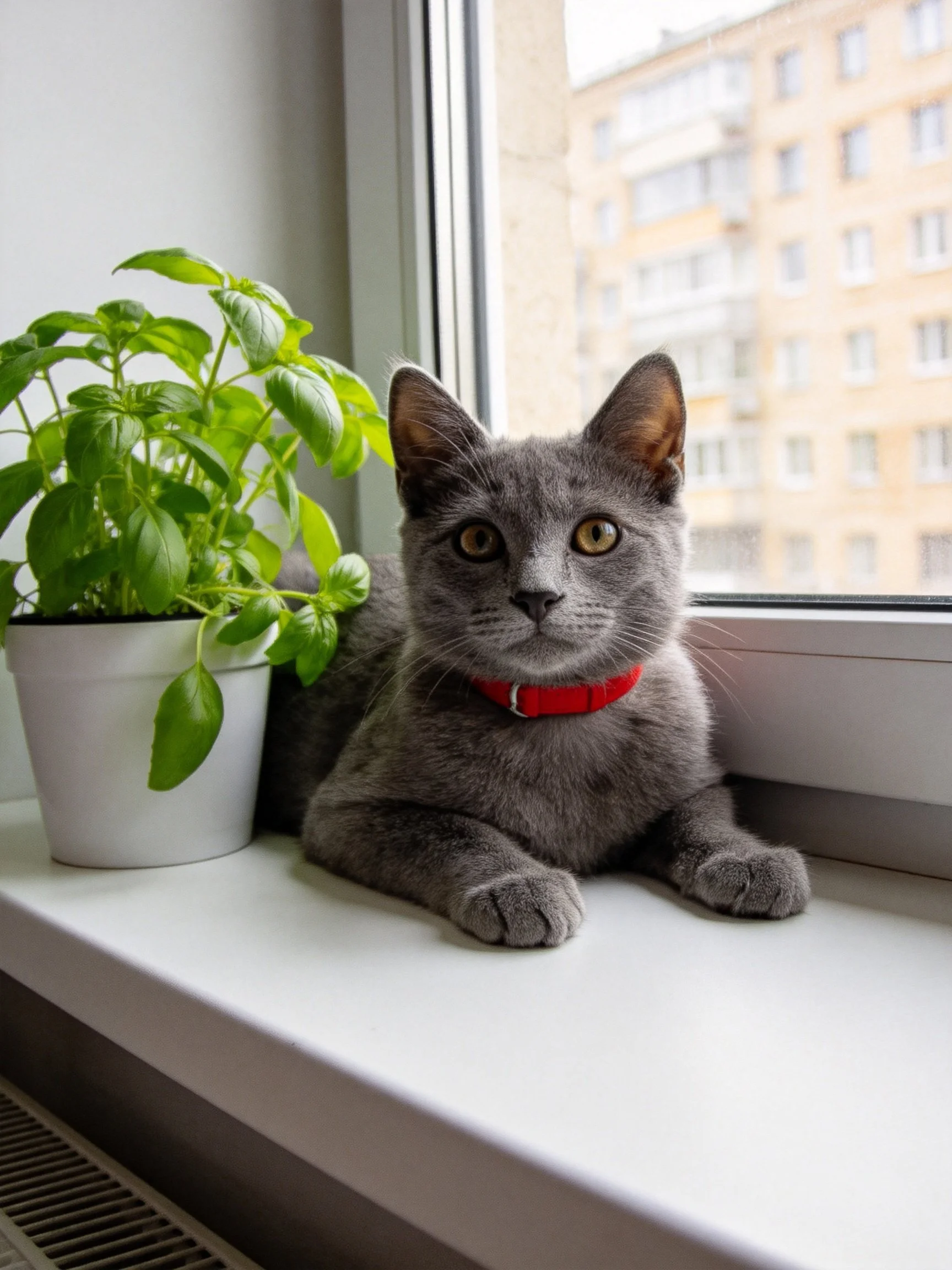 A gray cat with a red collar relaxes beside a potted basil plant on a windowsill with a city building nearby.