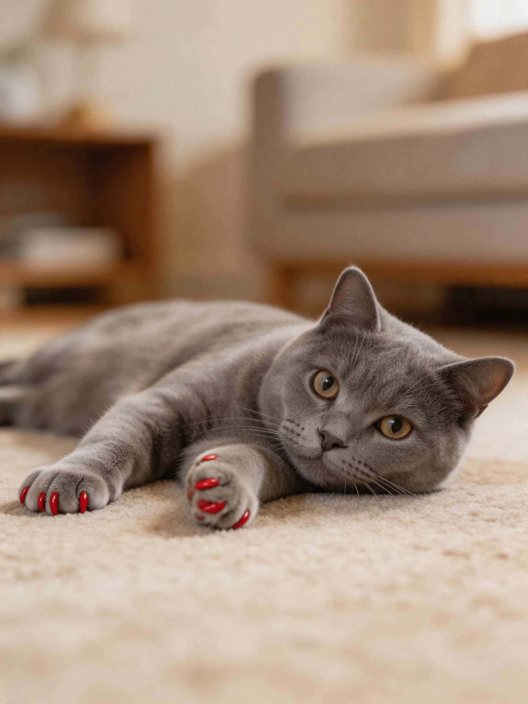 A gray cat with red-painted nails relaxes on a beige carpet in a cozy indoor space.