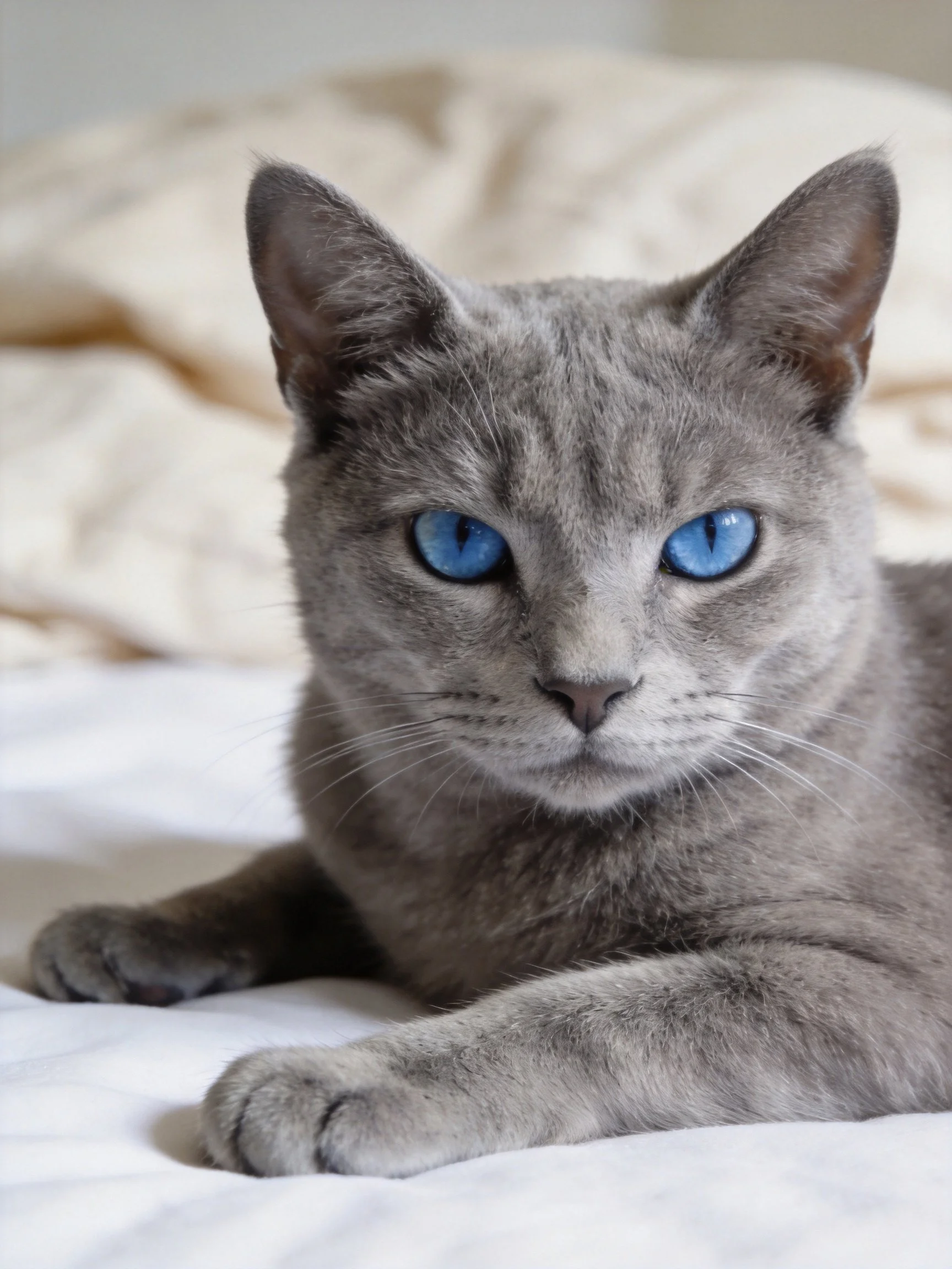 A gray cat with vivid blue eyes lies calmly on white fabric