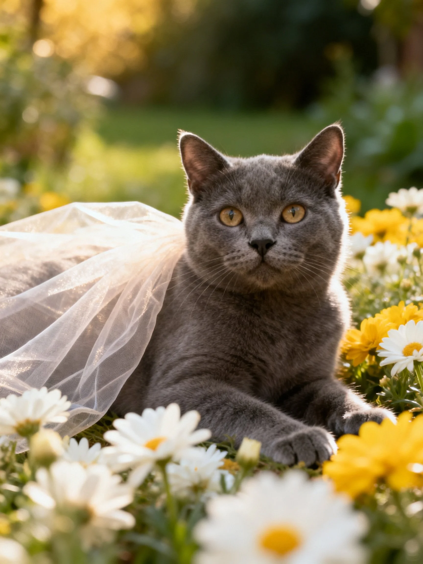 Gray cat with tulle veil sits among colorful flowers in a sunlit garden.