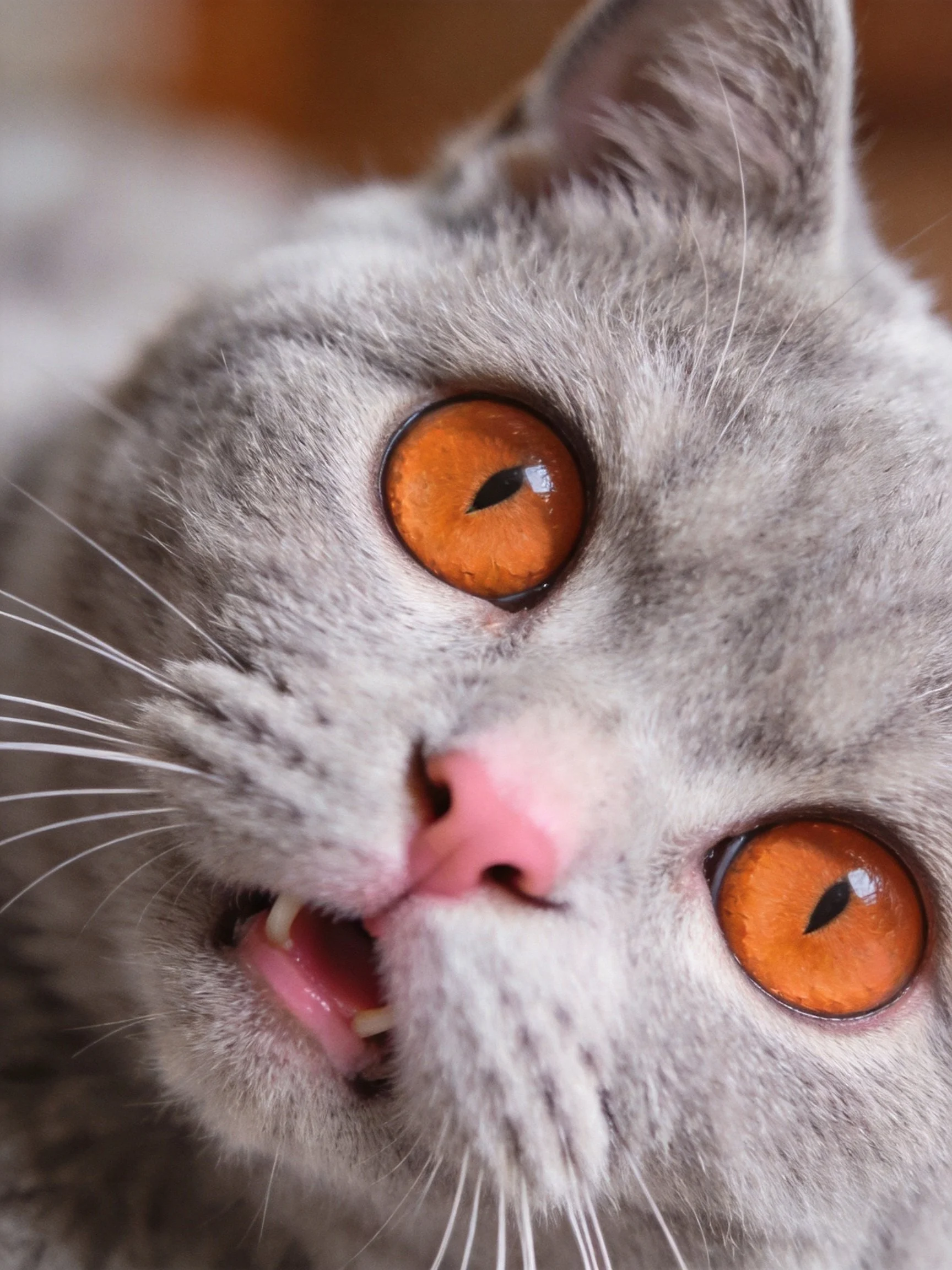Close -up of a gray cat with bright orange eyes and pink nose