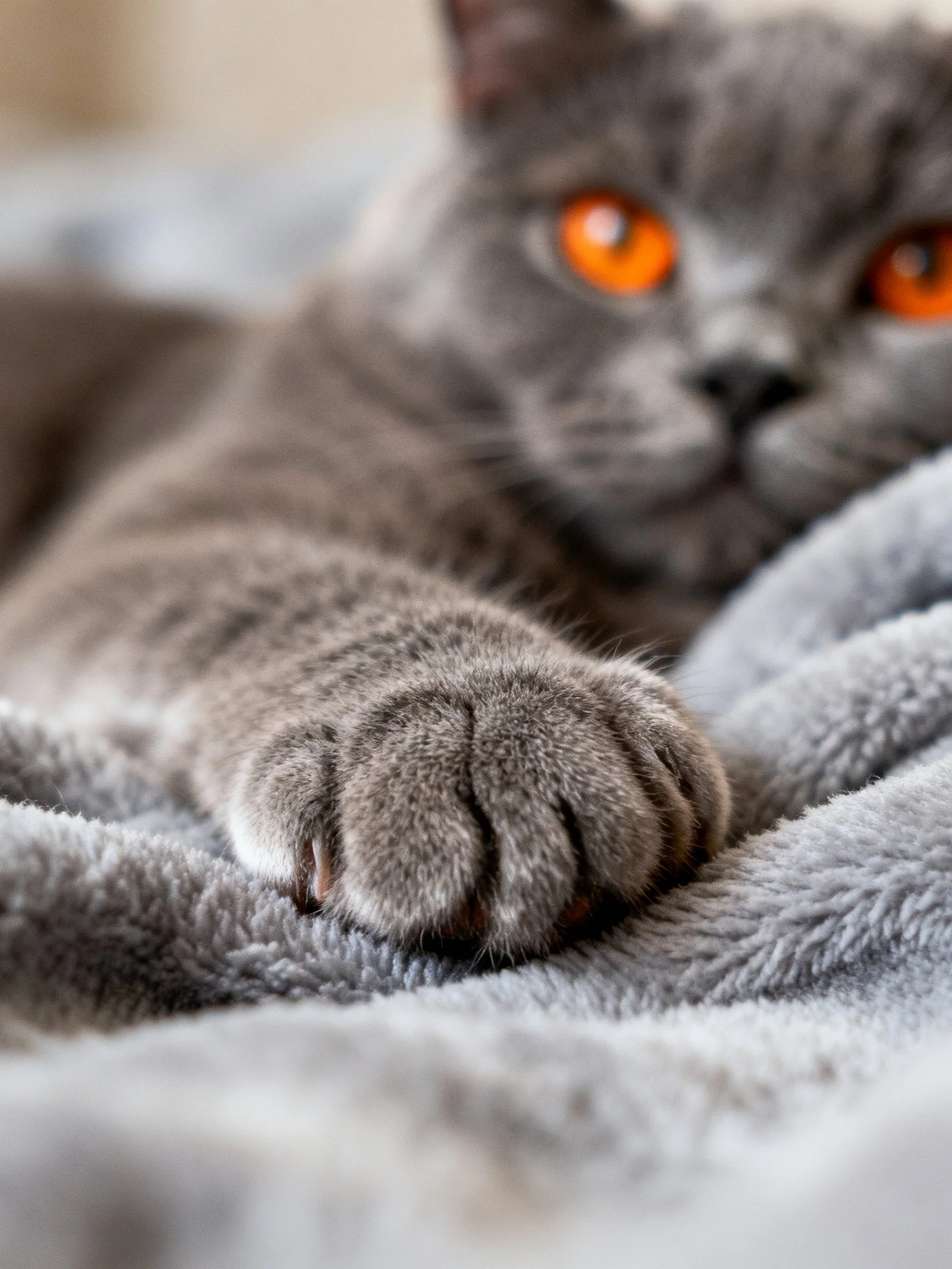 A gray cat with striking orange eyes relaxes on a soft gray blanket.