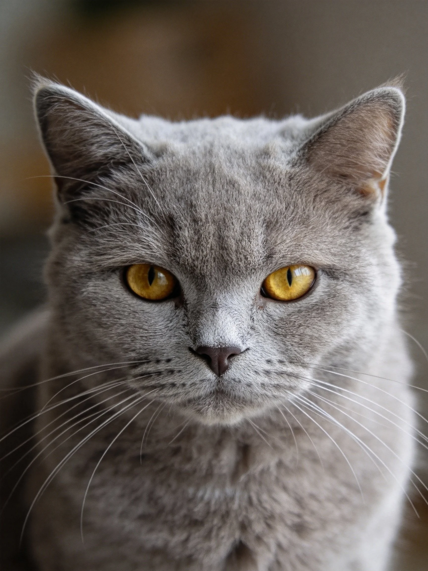 A gray cat with bright yellow eyes is shown up close in a photograph.