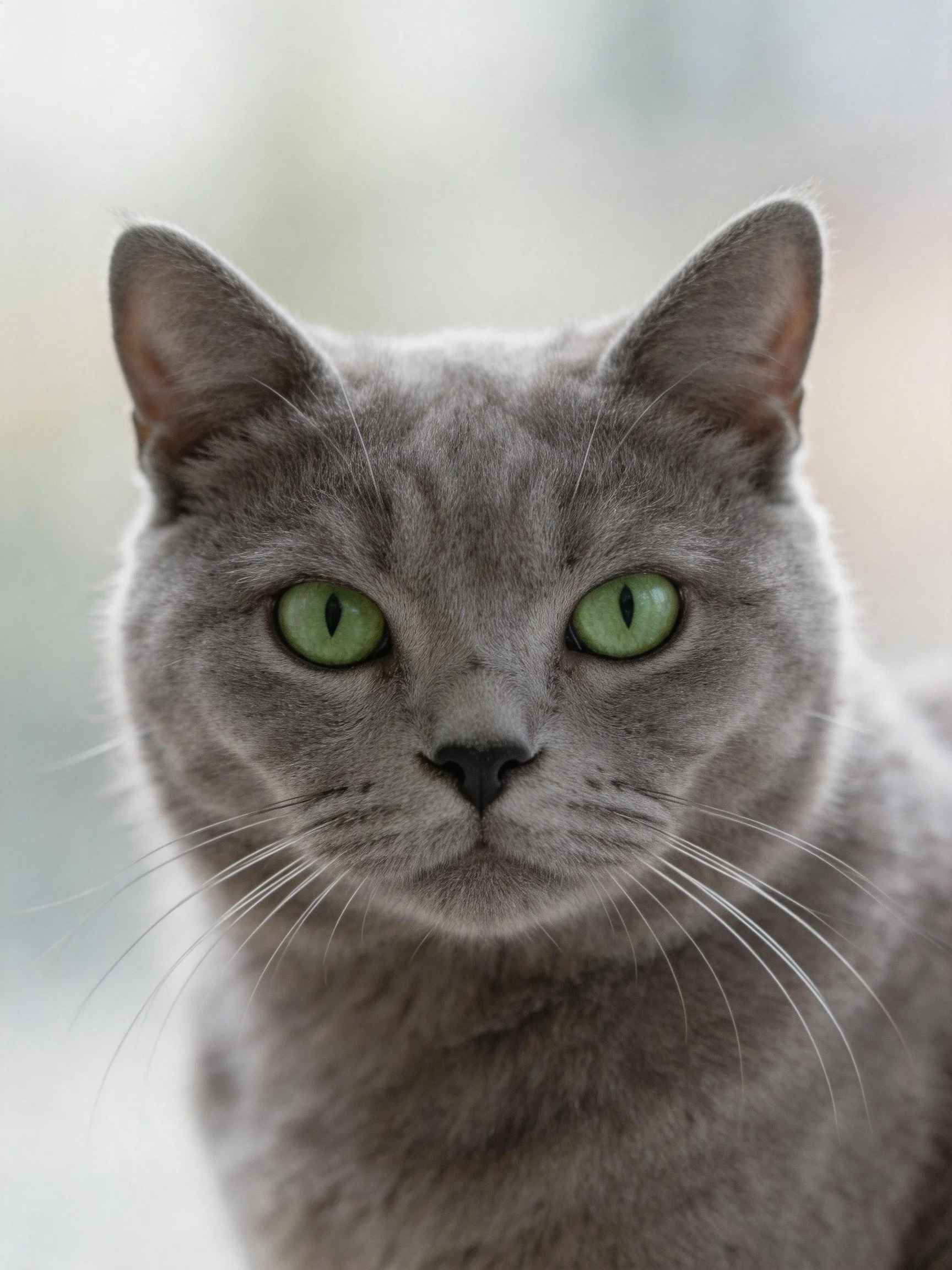 A gray cat with bright green eyes is photographed up close.