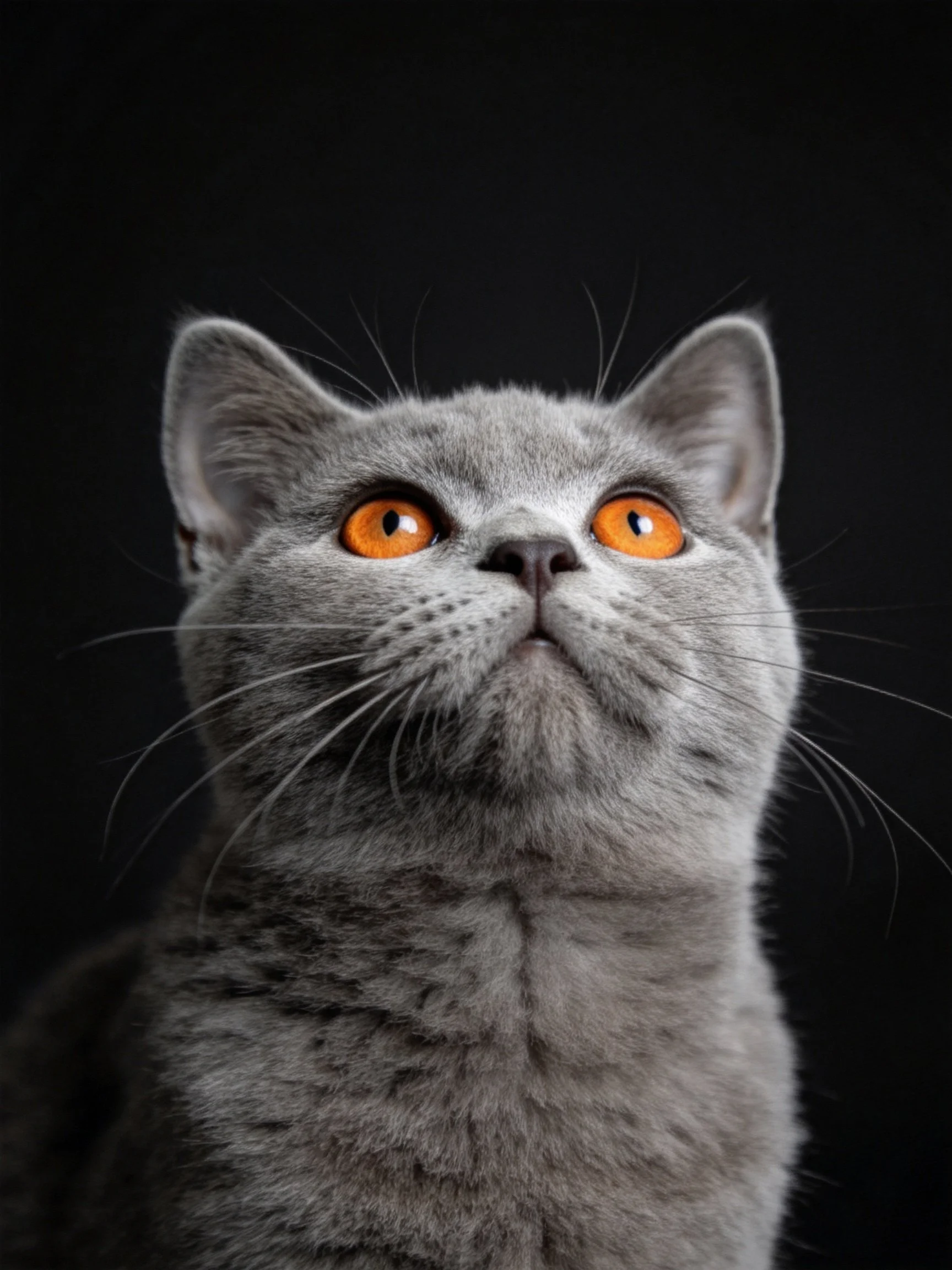 A gray cat with vivid orange eyes looks upward against a dark background.