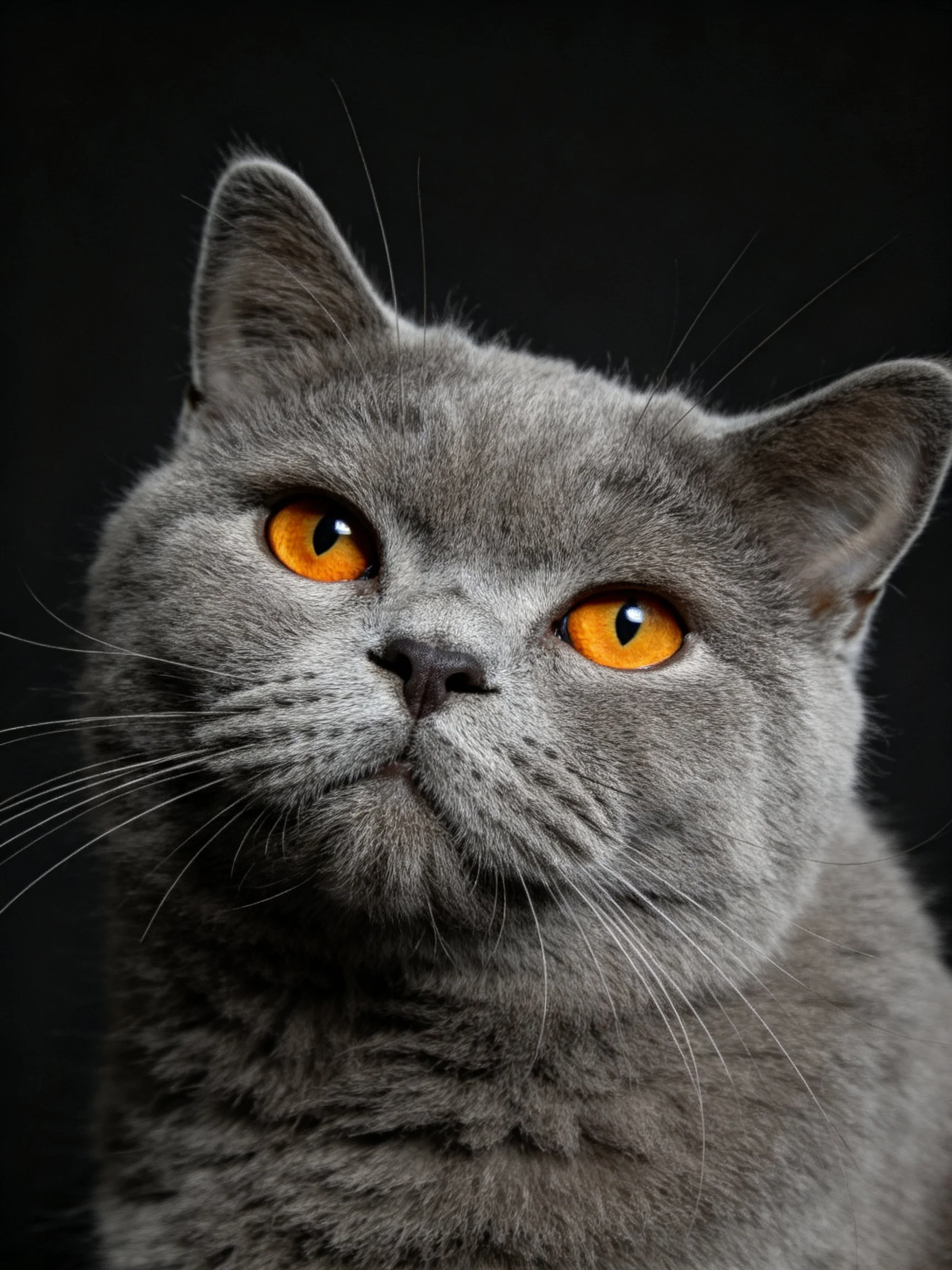 A gray cat with bright orange eyes is shown in a close-up against a dark background.