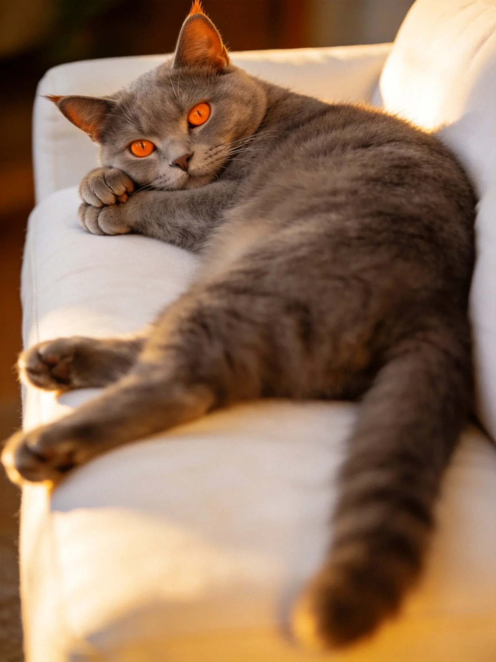A gray cat with bright orange eyes relaxes on a white couch.