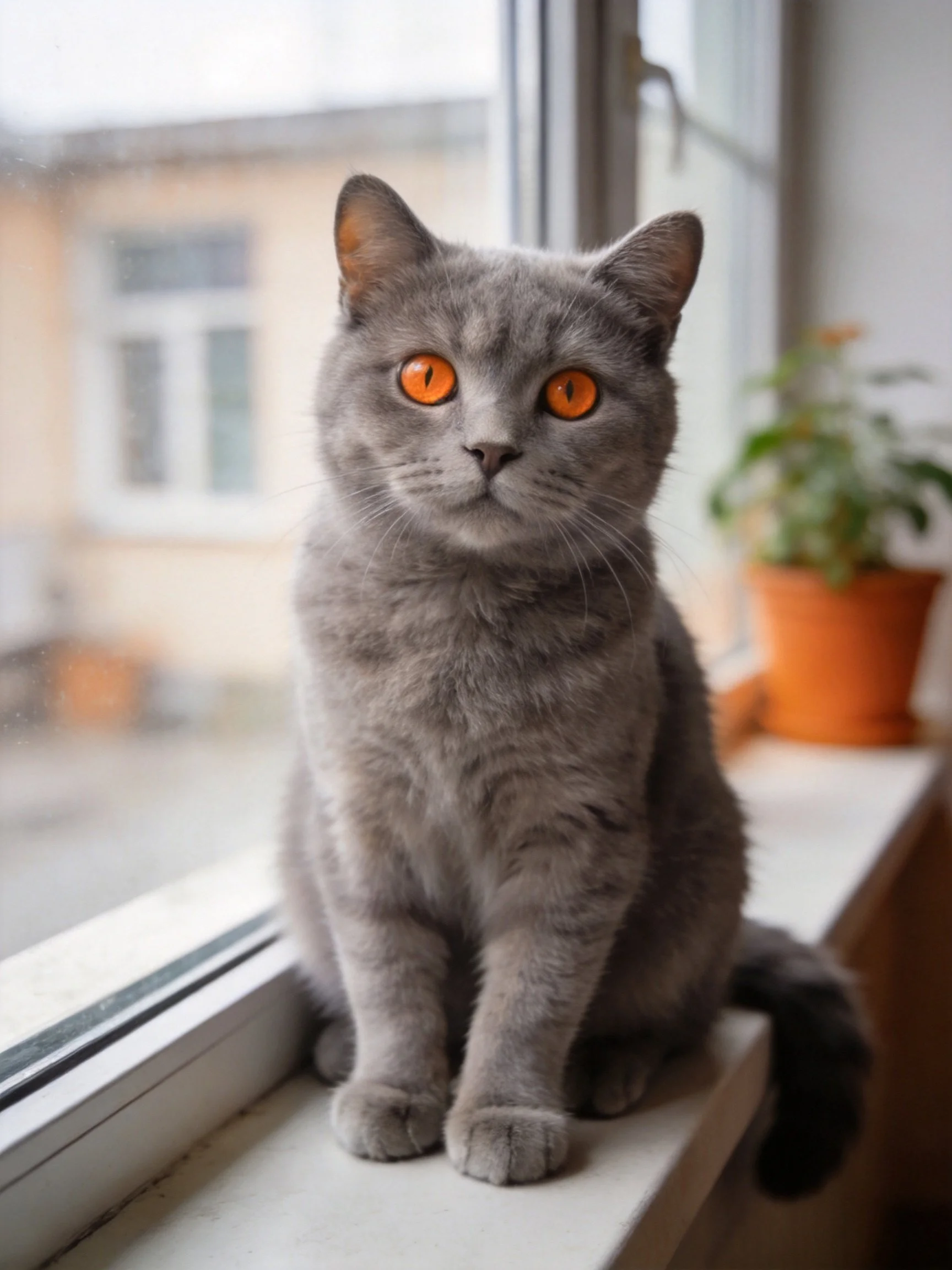 A gray cat with orange eyes sits calmly on a windowsill beside a window.