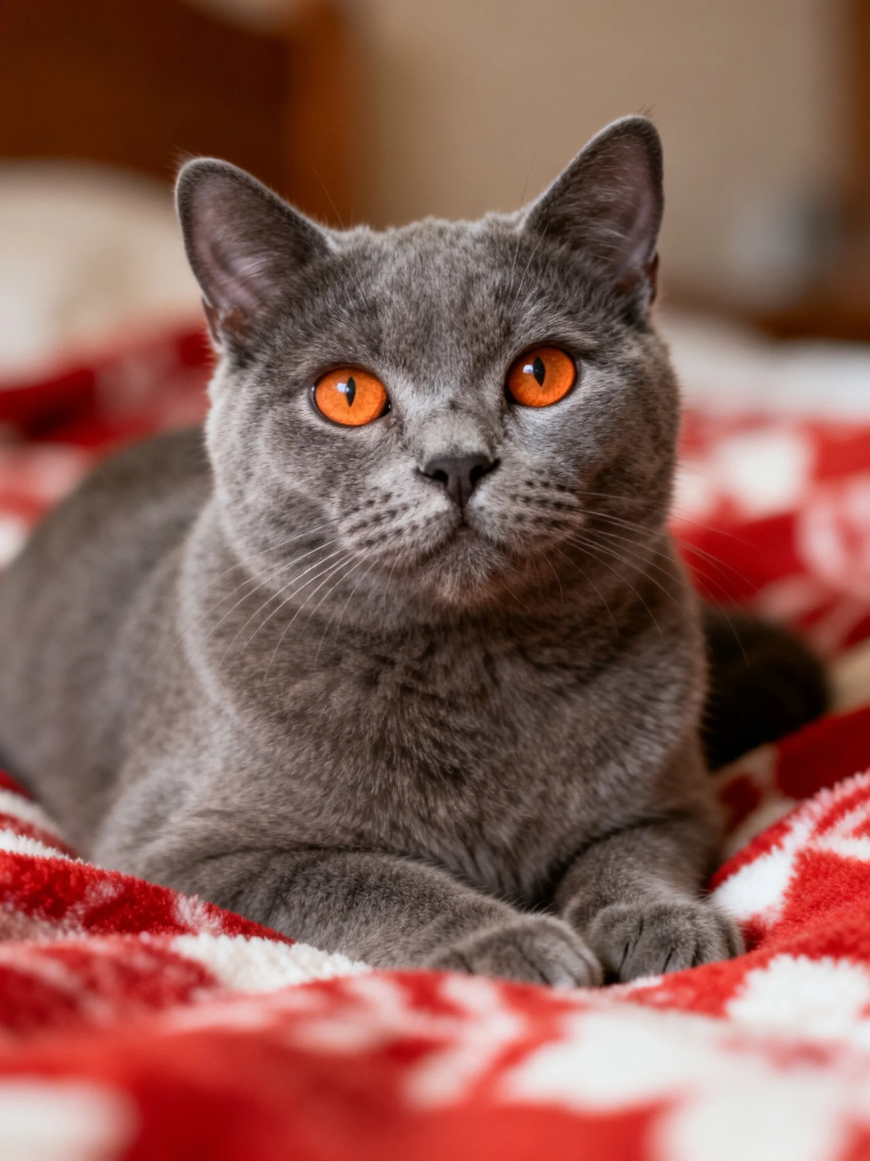 A gray cat with orange eyes relaxes on a red and white blanket.