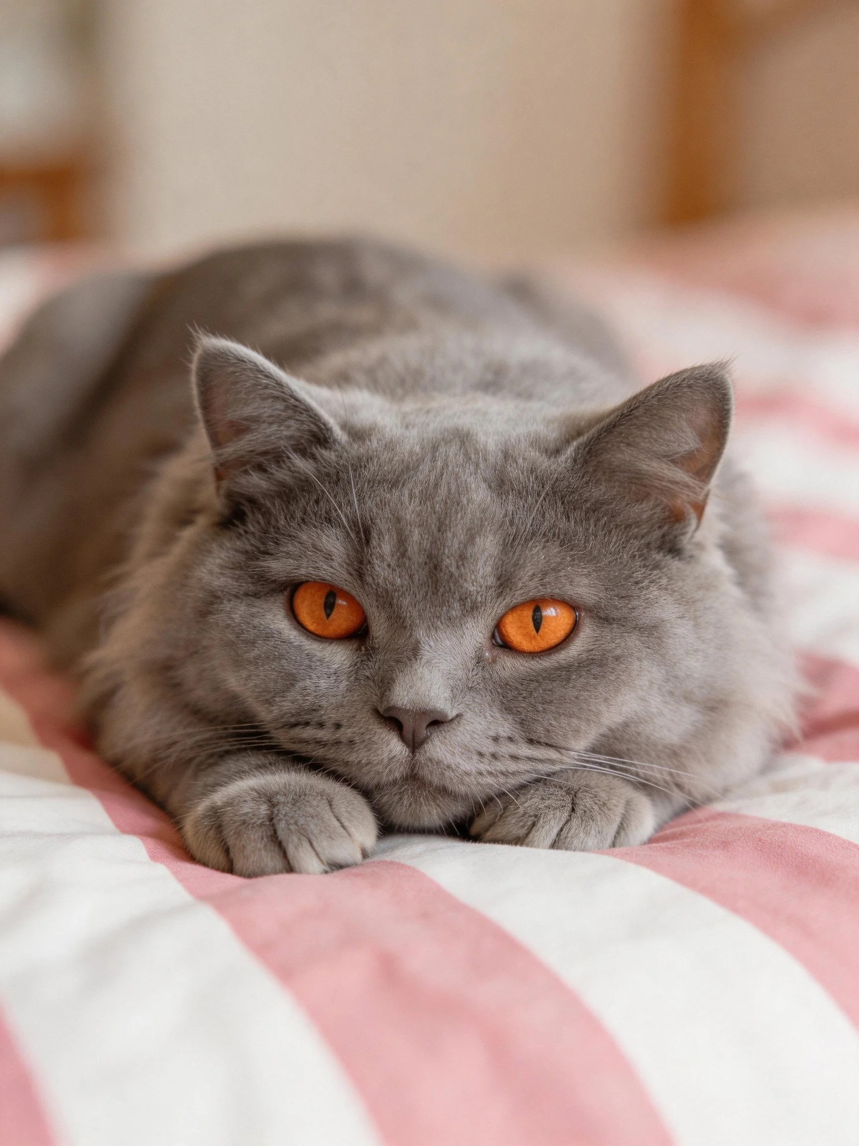 A gray cat with vivid orange eyes rests on pink and white striped bedding.