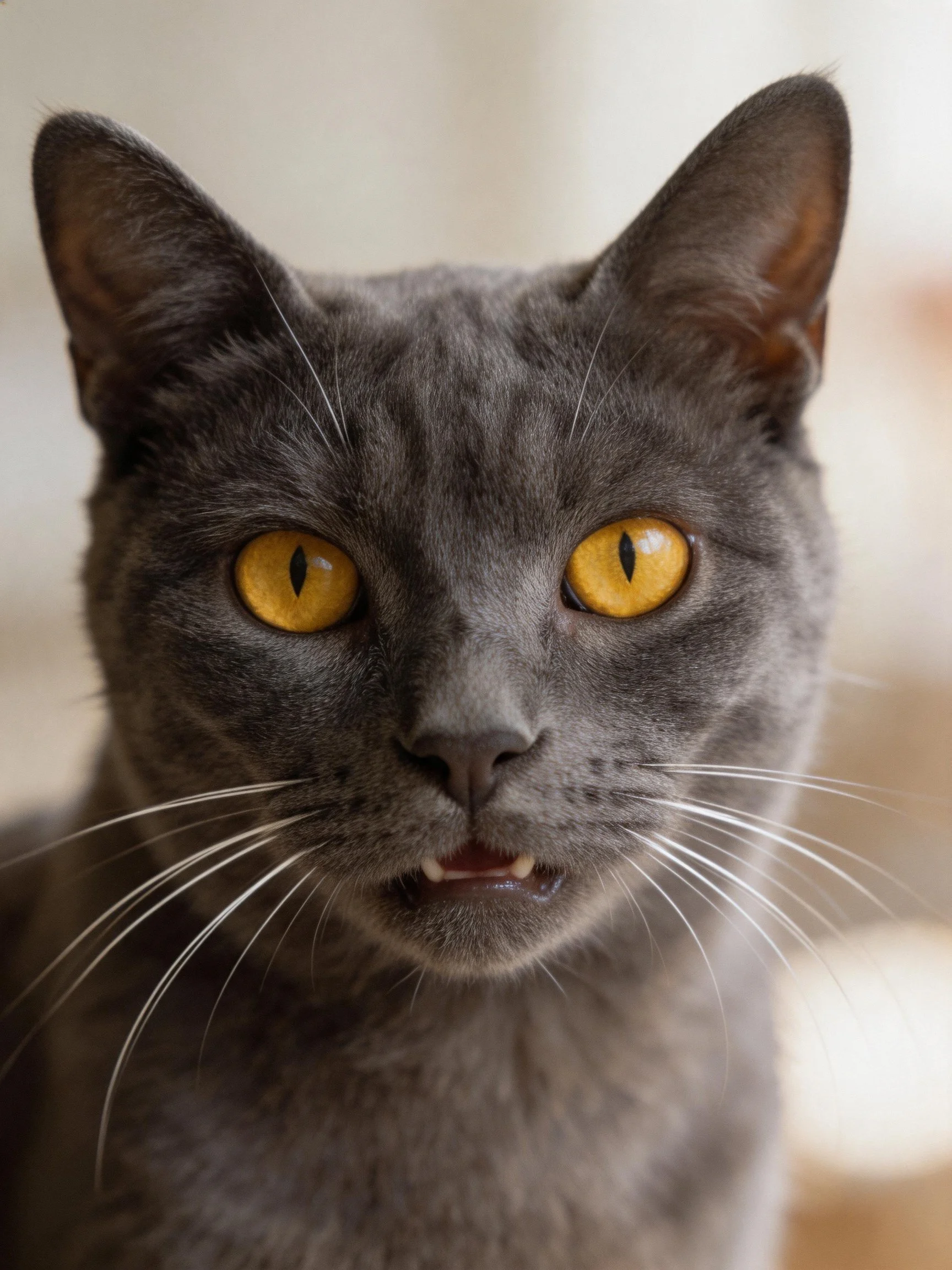 A gray cat with bright yellow eyes is photographed up close.