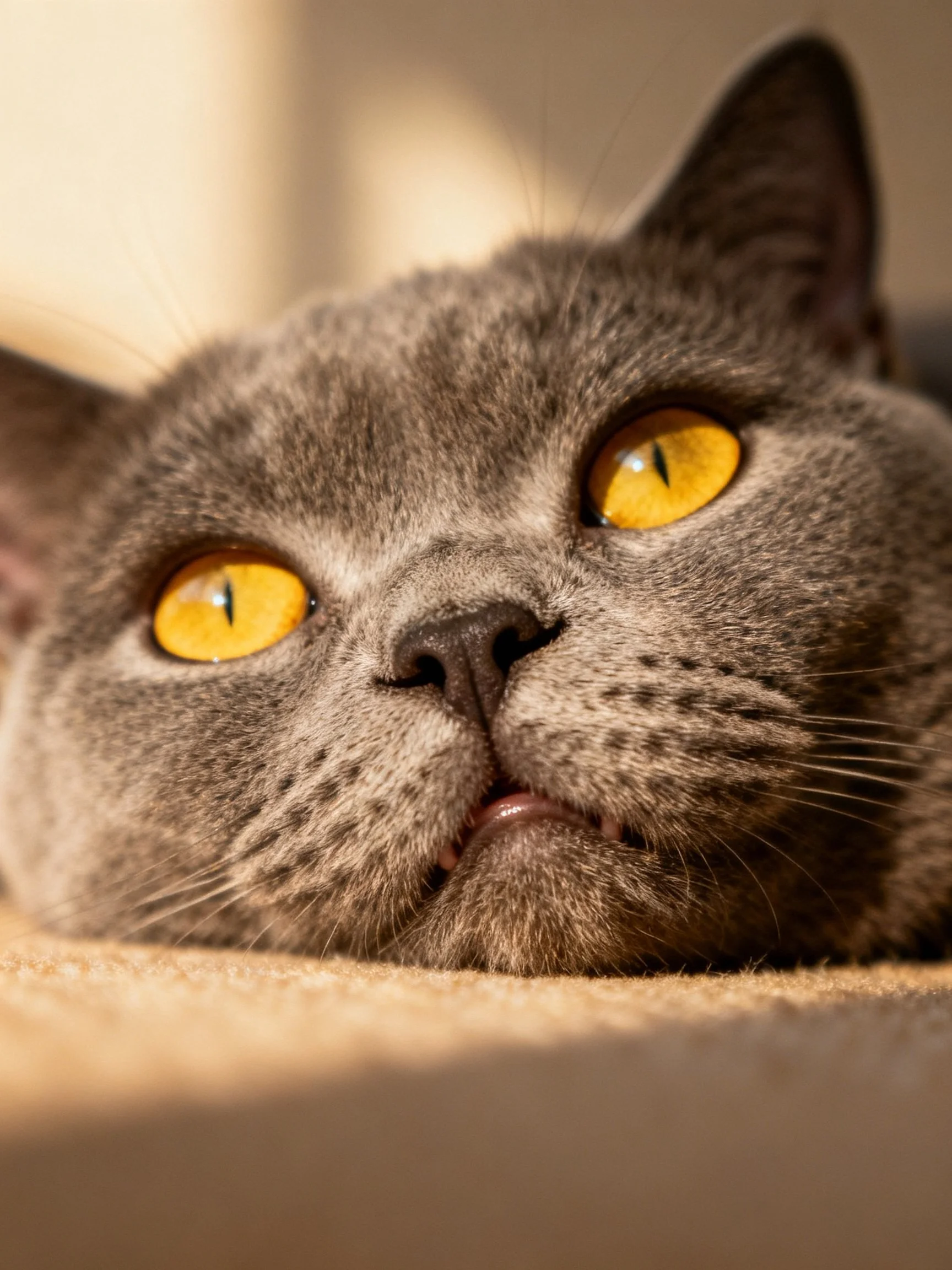 A gray cat with vivid yellow eyes rests on a soft surface