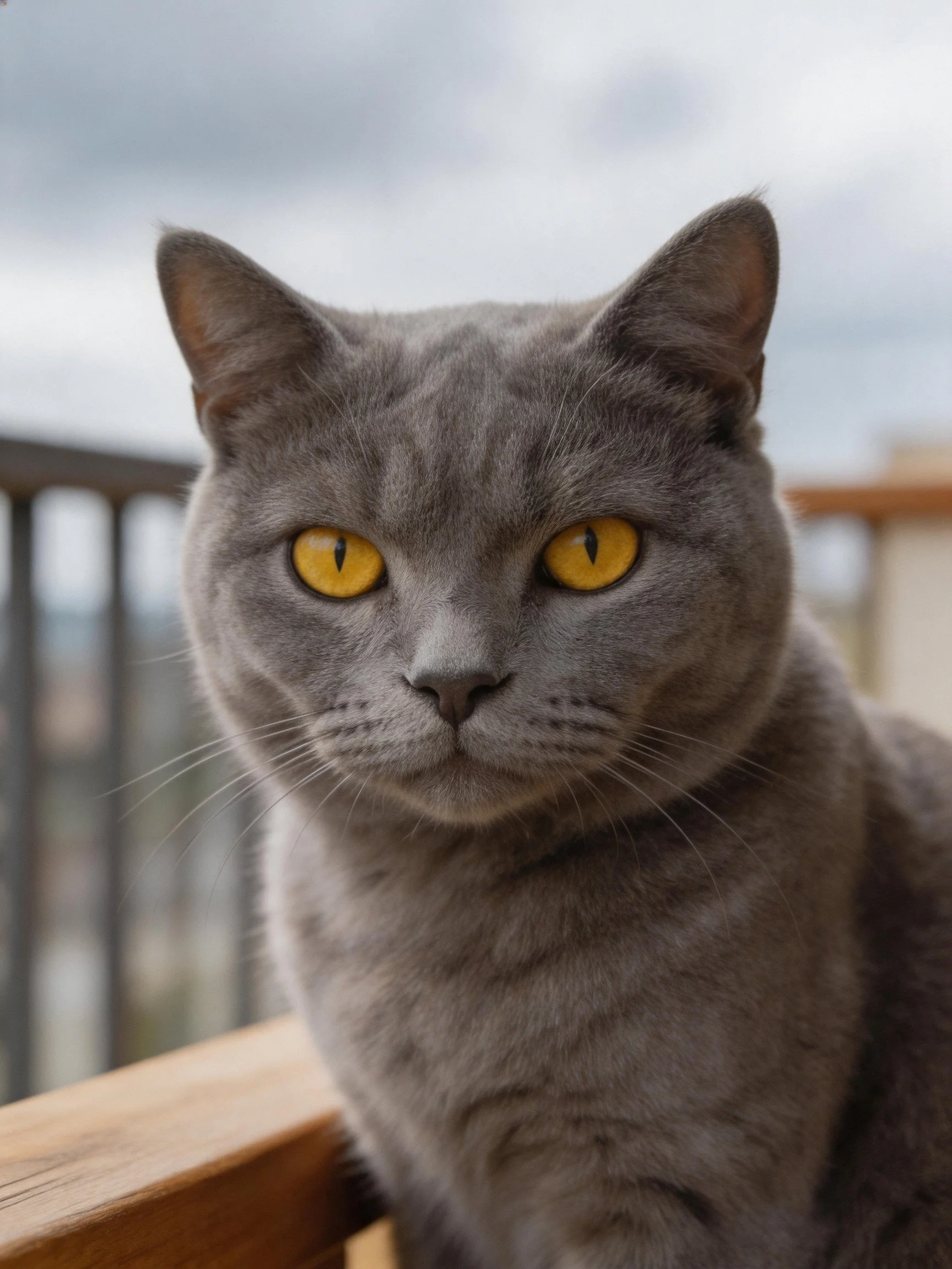 A gray cat with striking yellow eyes rests by a wooden railing.