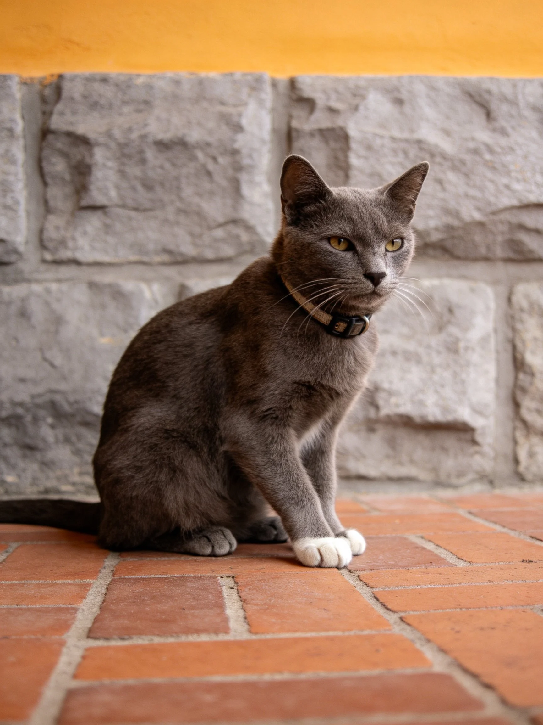 A gray cat with white paws sits on brick tiles by a stone wall