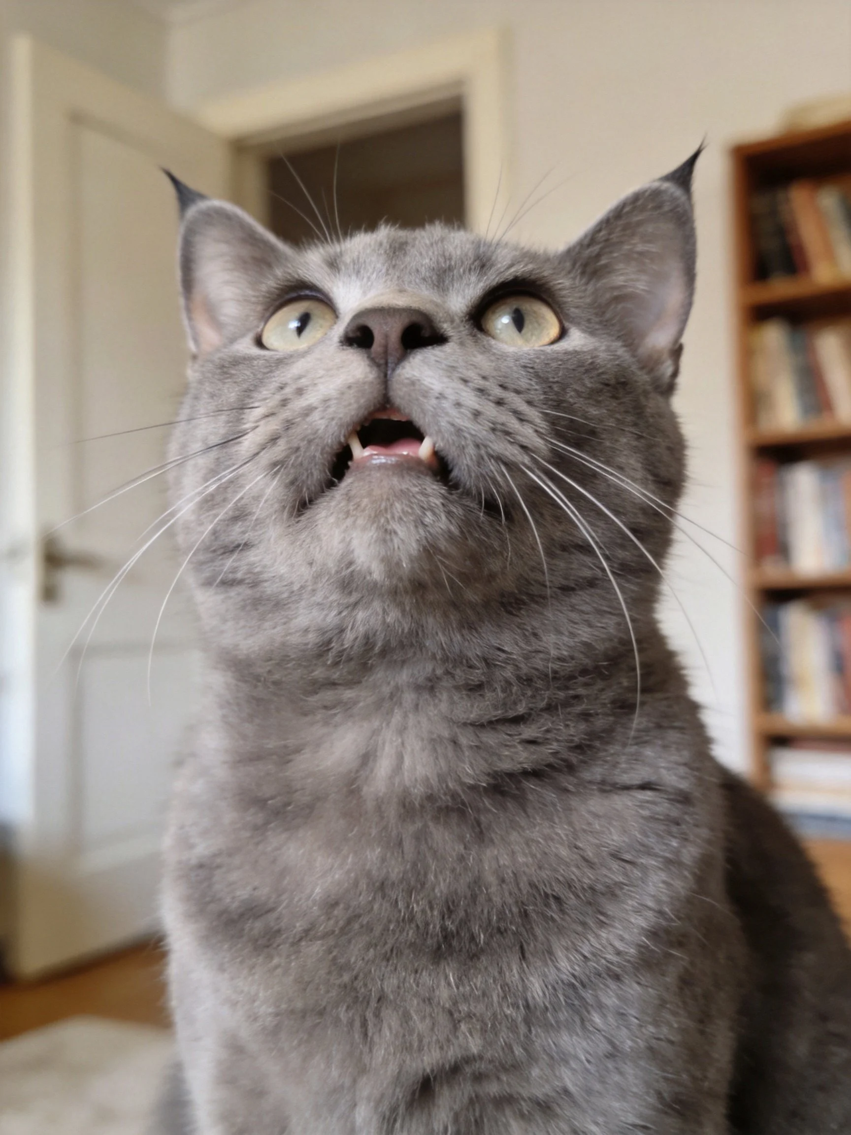 A gray cat with wide eyes looks upward indoors