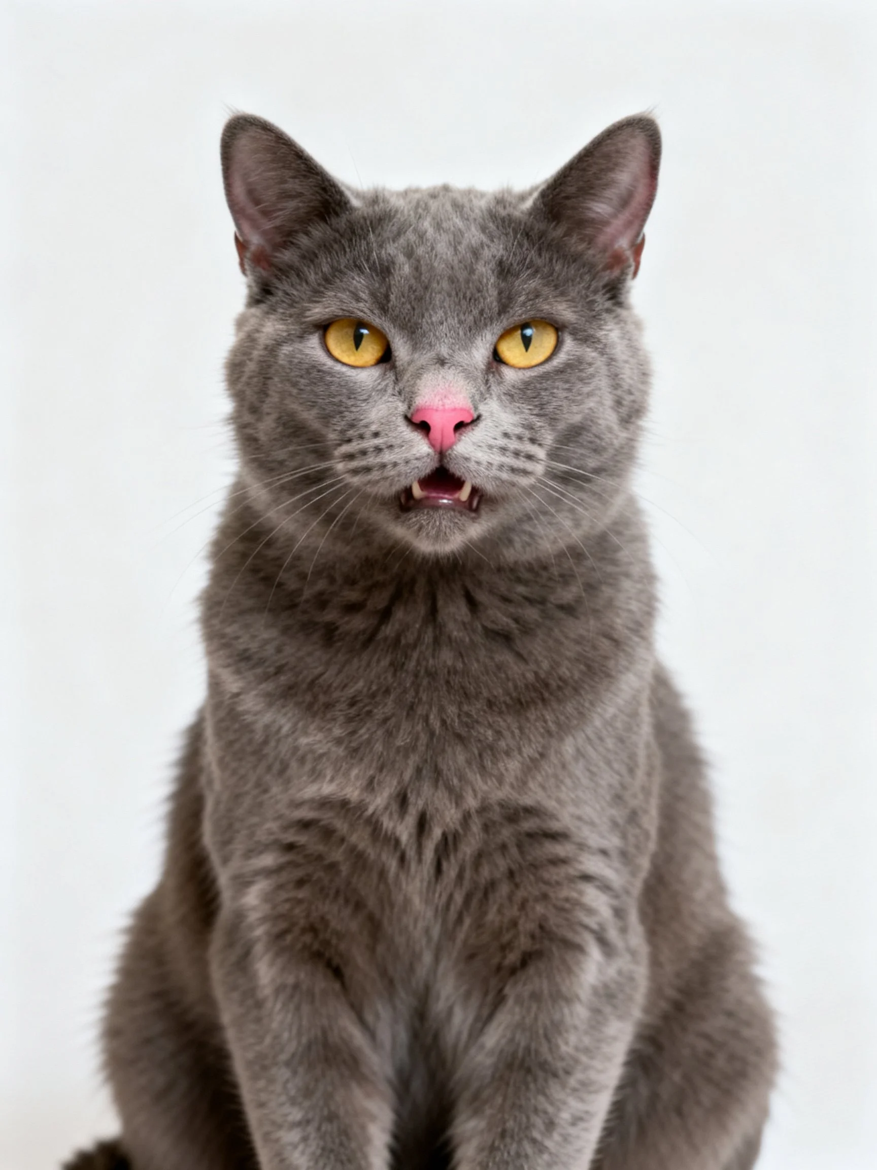 A gray cat with yellow eyes sits upright against a plain white background.